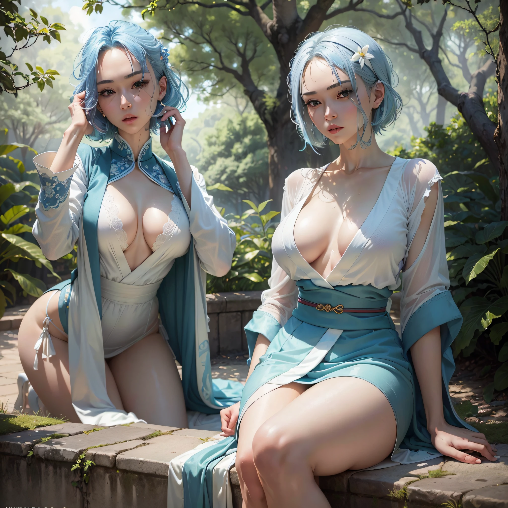 (Best Quality, High Resolution, Masterpiece: 1.3), a tall perfect woman with a slender figure, (short sky blue hair, white clothes short kimono), dressed sexy and exposed, in the park, details of face and skin texture are beautifully presented, detailed eyes, double eyelids, sexy pose, realistic, leaky half breastball, full body shot --auto --s2