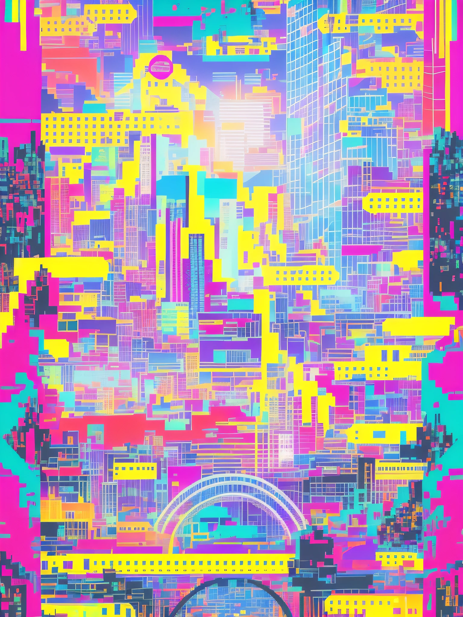 a close up of a colorful poster with a city in the background, dense hypermaximalist metropolis, vaporwave city, hyper colorful, maximalist vaporwave, hyper color digital art, colorful dystopian futurism, lsd visuals, vaporwave pixel sorting, pop japonisme 3 d ultra detailed, hyperpop aesthetics, graphic glitches, maximalist maximalism vaporwave, colorful city