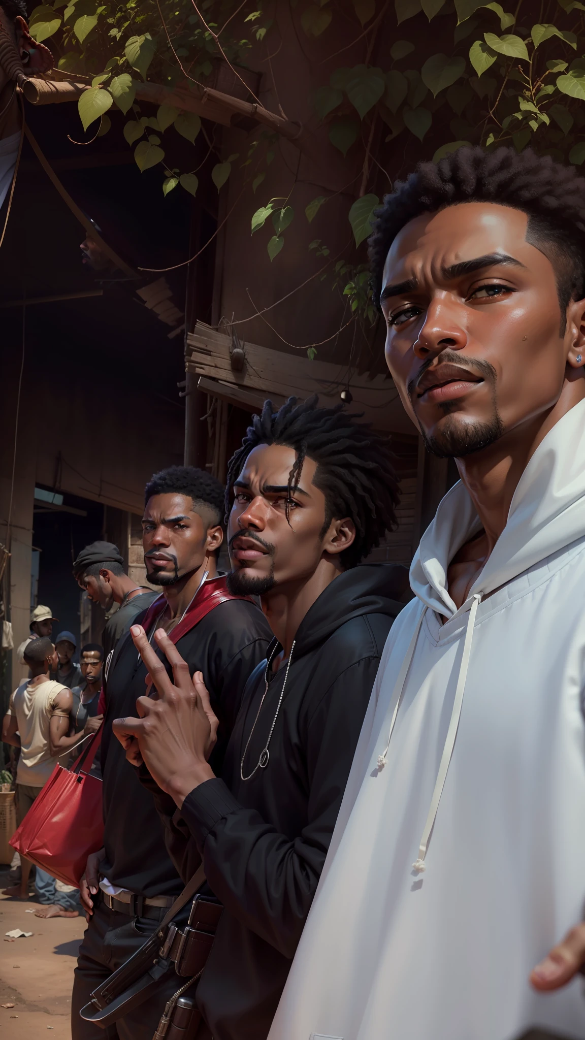 recreate the three men of the photo in a realistic way, black men equal of the photos, marginal, malicious face, climate of the slums, close-up photo, cinema lighting, anime manga, masterpiece, best quality, 4k --auto --s2