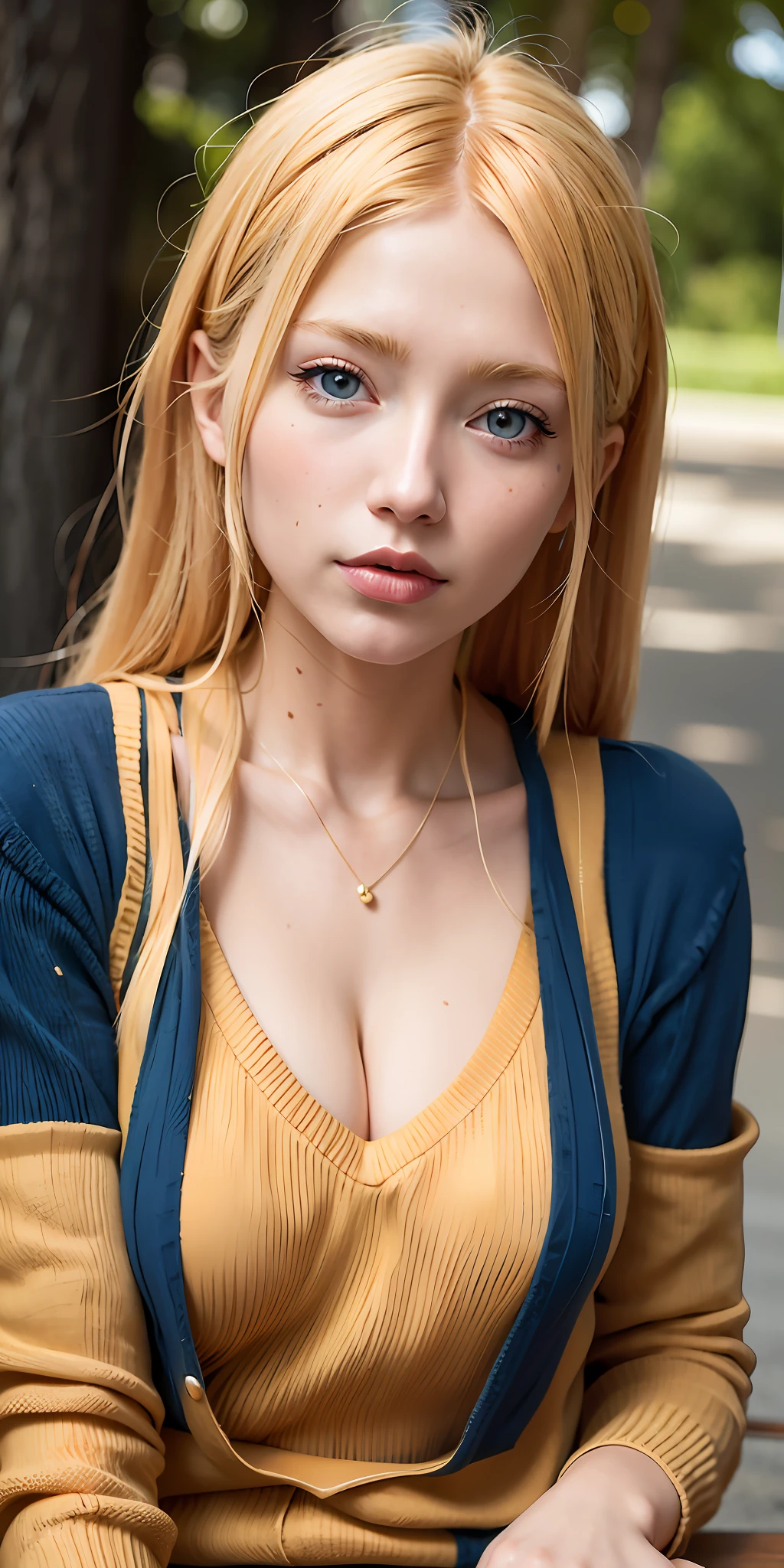 blond woman with blue eyes and red sweater sitting on a bench, portrait of asuka langley soryu, anime girl in real life, asuka langley soryu, asuka langley sohryu, asuka langley, asuka langley souryuu, anime girl cosplay, hyper realistic anime, by Kentaro Miura, amouranth, beautiful asuka from evangelion