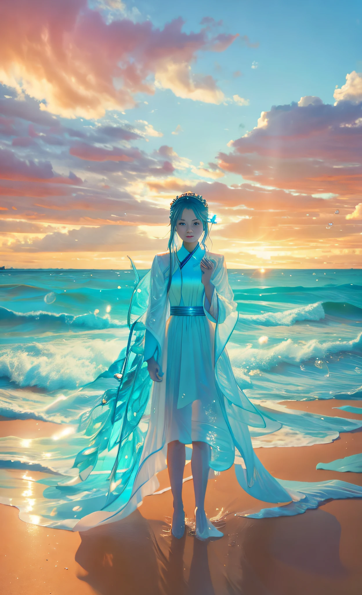 there is a digital painting of a girl standing on the beach, standing next to water, flowing cape, wearing a dress made of water, jen bartel, brittney lee, anime girl walking on water, a still of an ethereal, queen of the sea mu yanling, beautiful young wind spirit, sword and wand – water, dress made of water