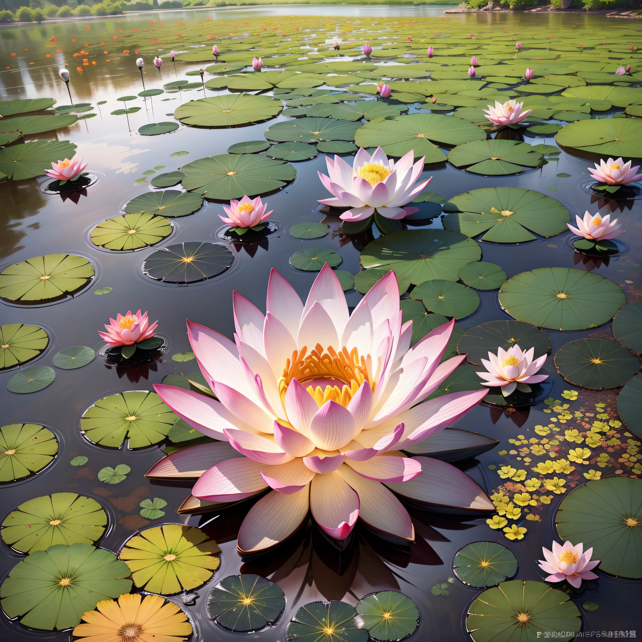 Masterpiece, exquisite, beautiful landscape in the depths of the lotus pond, (colorful, vivid, sunny, warm light) lotus leaves and flowers, in the pond. high quality high quality --auto --s2