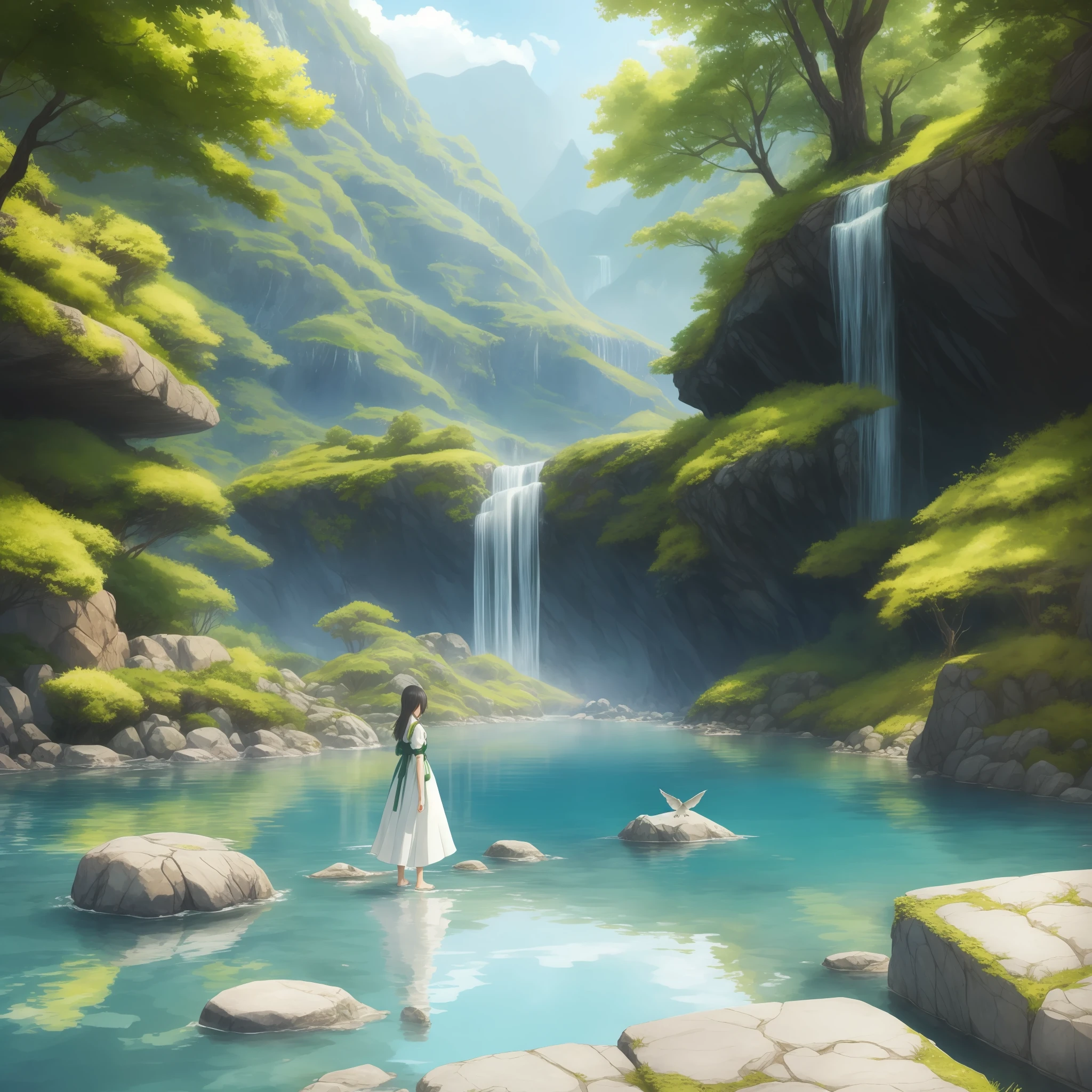 Arti future anime, a stunningly beautiful girl in natural spa, detailed clothing. vixip, far view landscape, by yoshiyuki sadamoto, yoko taro, watercolor. Summer, water reflection, birds, plants, rock. Hand drawing illustration, highly detailed. Perfect composition. White, yellow, green, blue, black. masterpiece, best quality, 4k, sharp focus. perfect anatomy. By sumic.mic