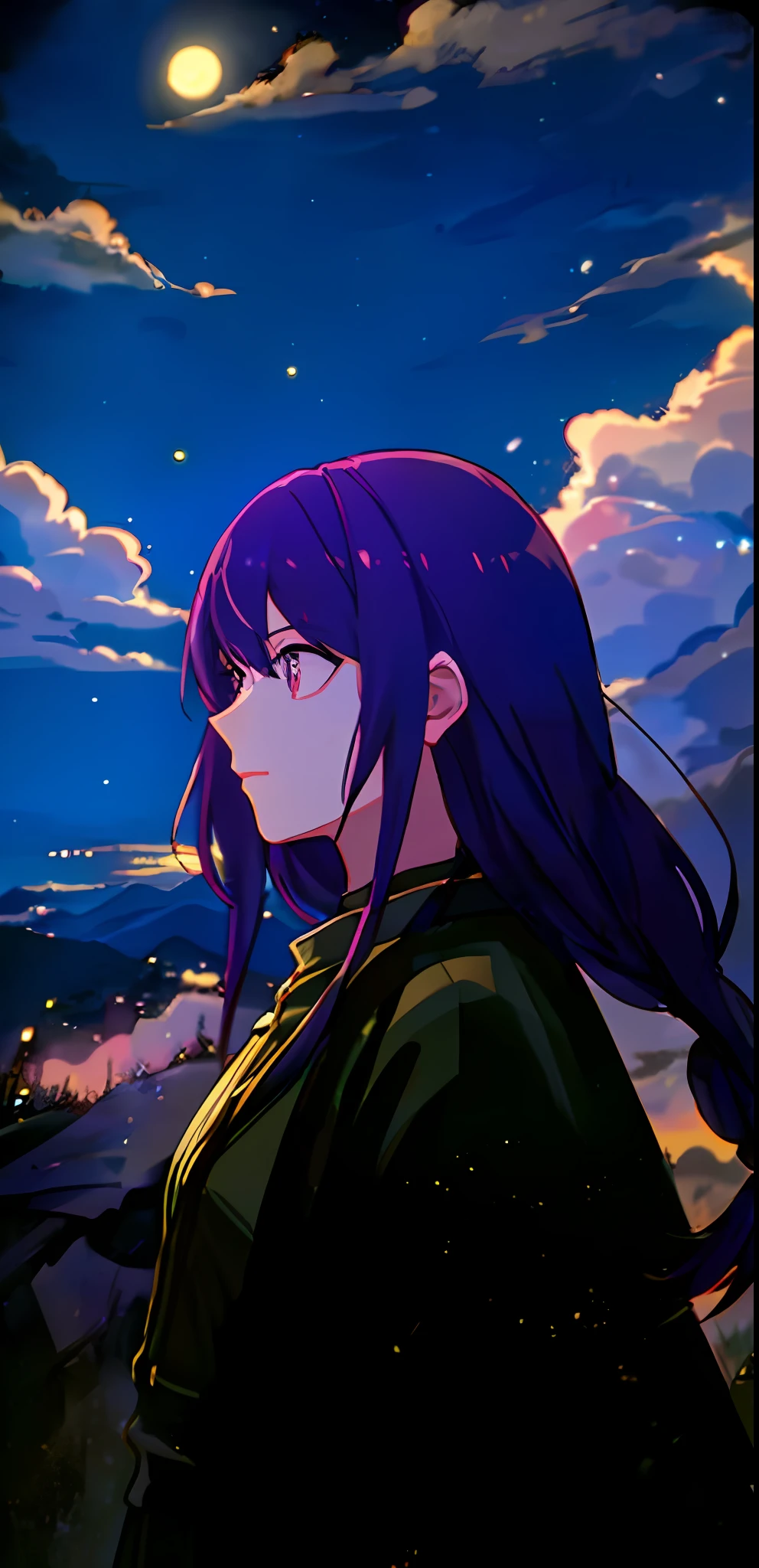 masterpiece, best quality, night, hill, clouds, full moon, long hair, woman, silhouette, fireflies, highres, purple hair, 1girl, solo.