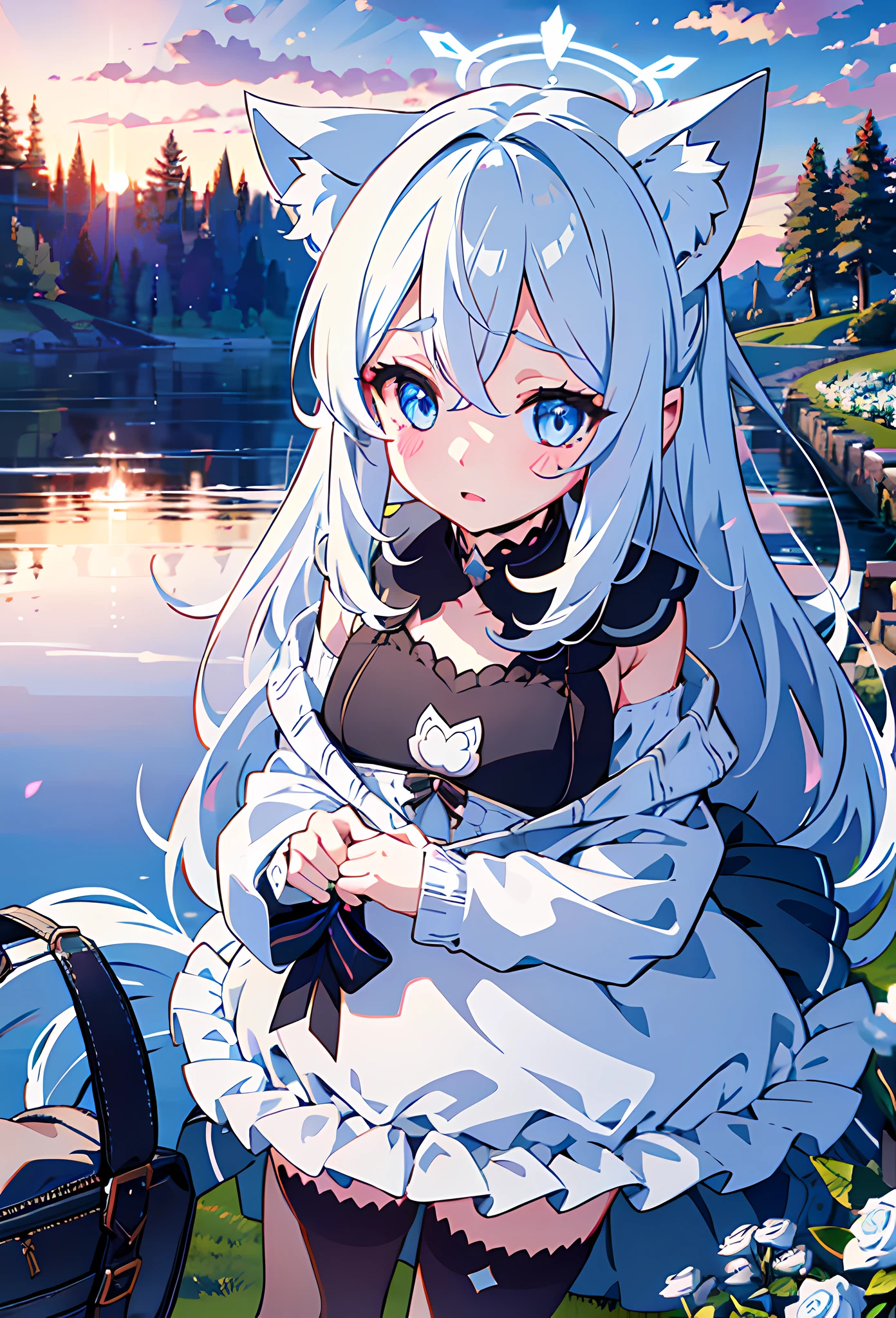 {{masterpiece, extremely detailed, 8K, absurdres, high quality facial shadowing, low lighting}}, best quality, {solo}, {{{extremely detailed girl, perfect anatomy, perfect body}}}, {{loli}}, {{{elementary age}}}, {{cute facial structure}}, {{{{detailed fingers}}}}, {{{detailed legs}}}, {{{{extremely detailed shoulder length white hair}}}}, {{{luscious multi-layered hair}}}, cat ears, {{detailed big fluffy cat ear flaps}}, {{large eyes}}, {{extremely detailed eyes}}, {{{{black to ice blue eyes}}}}, {{{{vibrant eye colors}}}}, {{{blushing}}}, {{cute shy expression}}, {{slightly open mouth}}, {{{detailed shining white star shaped halo over head}}}, {{{detailed cat bell choker}}}, {{{detailed grey baggy knitted sweatshirt}}}, {{{detailed white fluffy knee warmer socks}}}, {{{wearing fluffy white cat slippers}}}, {{standing next to a lake in a green field surrounded by white roses and butterflies at dusk}}