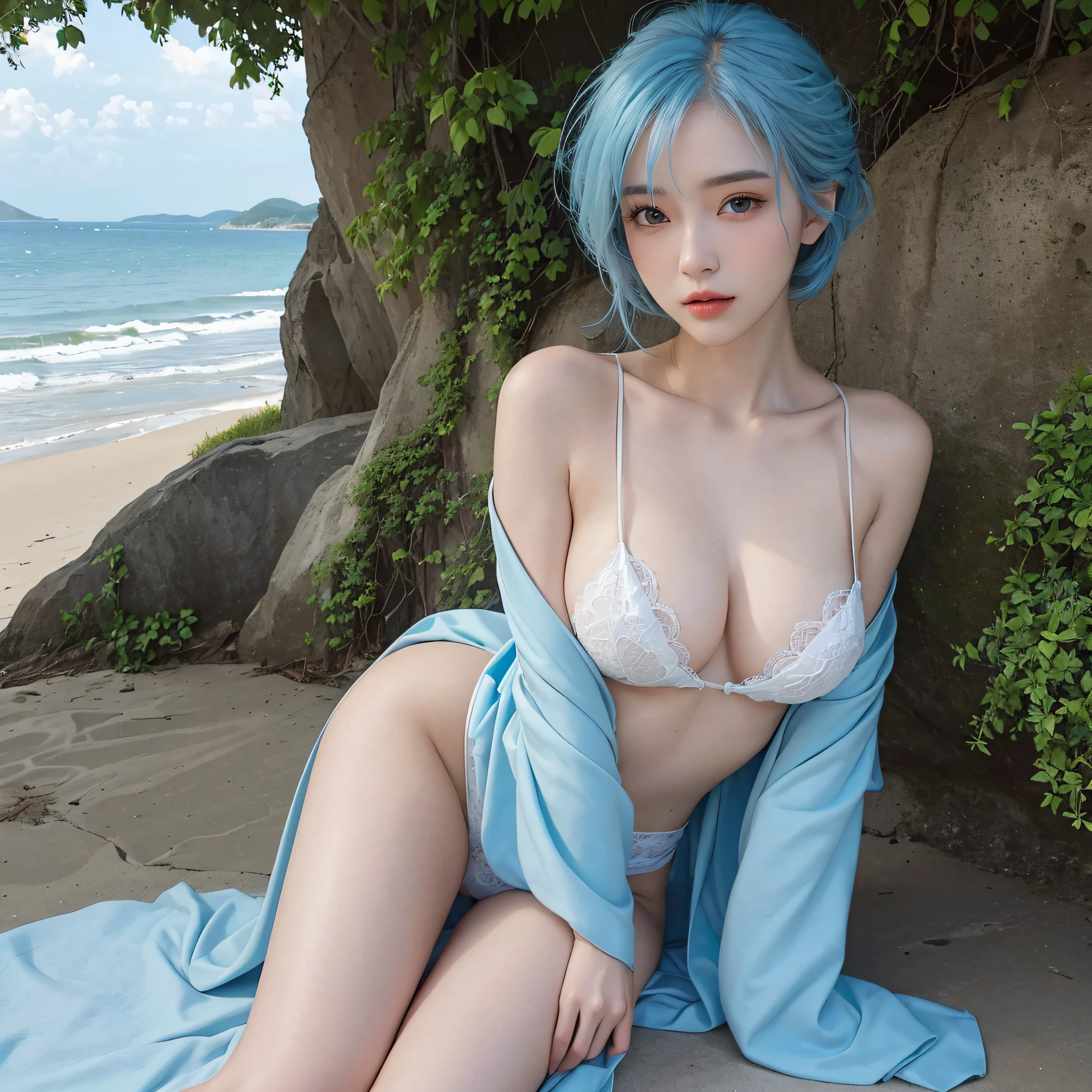(Best quality, high resolution, masterpiece: 1.3), a tall perfect woman with a slim figure, (short sky blue hair, short kimono in white clothes), dressed in sexy revealing, in the seaside, details of face and skin texture are beautifully presented, detailed eyes, double eyelids, sexy pose, realistic, leaky half breast ball, full body photo --auto --s2