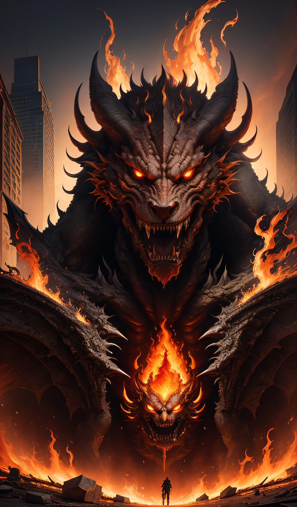 (Award Winning Digital Digital Artwork:1.3), (Masterpiece, Ultra-Detailed:1.3), portrait,solo focus, (Fire demon),(building-sized monster),Ifrit, smoke, fire, burning buildings, death, destruction, intricate