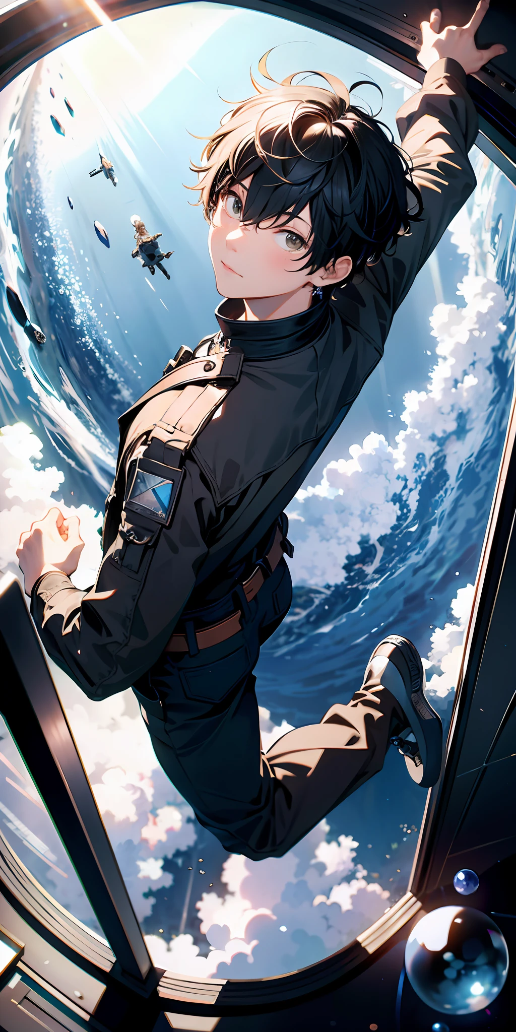 ridiculous resolution, high resolution, (masterpiece:1.4), super detailed, 1boy, seen from above, space, floating, --v 6