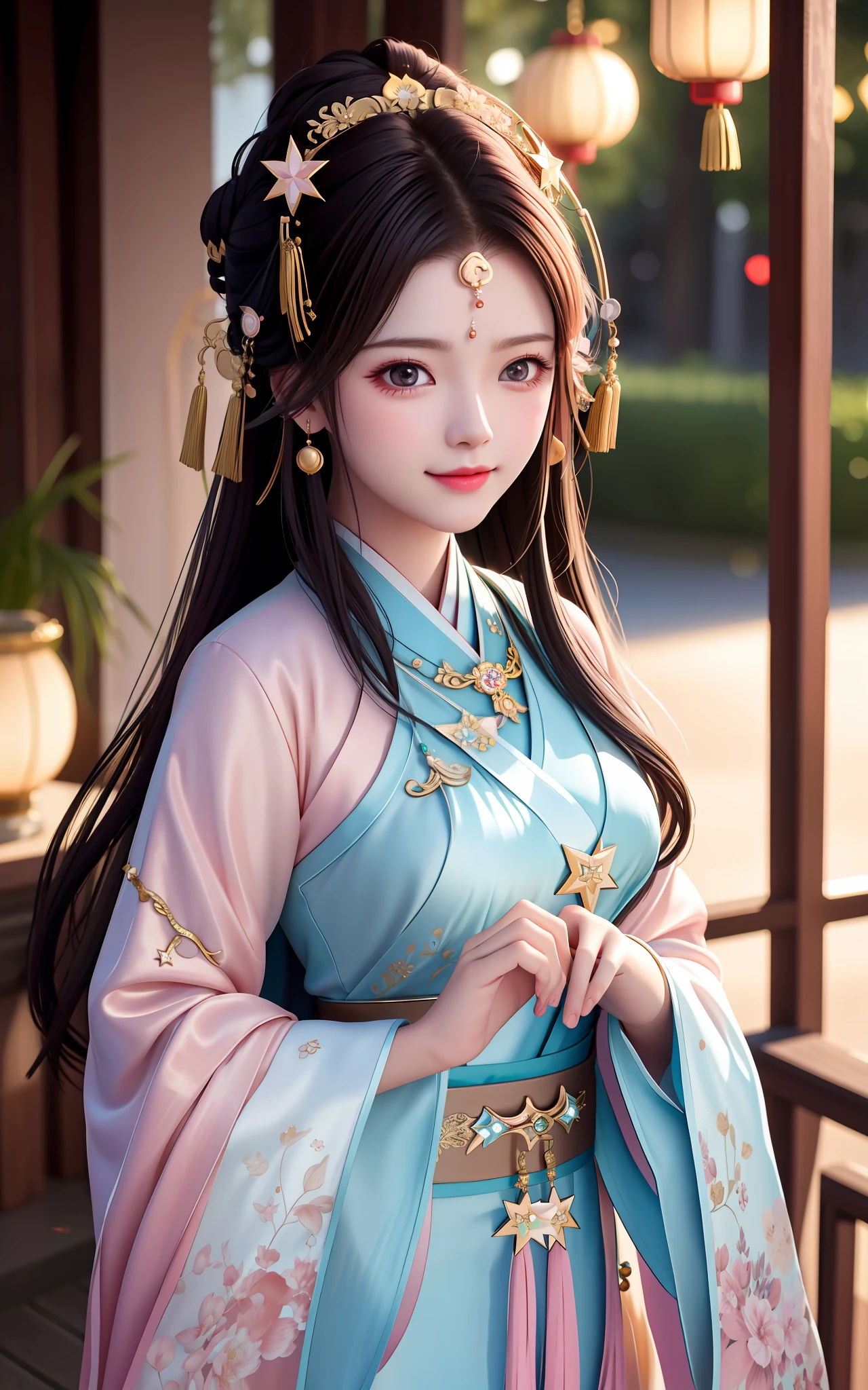 best quality, masterpiece, highres, 1girl,blush,(seductive smile:0.8),star-shaped pupils,china hanfu,hair ornament,necklace, jewelry,Beautiful face,upon_body, tyndall effect,photorealistic, dark studio, rim lighting, two tone lighting,(high detailed skin:1.2), 8k uhd, dslr, soft lighting, high quality, volumetric lighting, candid, Photograph, high resolution, 4k, 8k, Bokeh