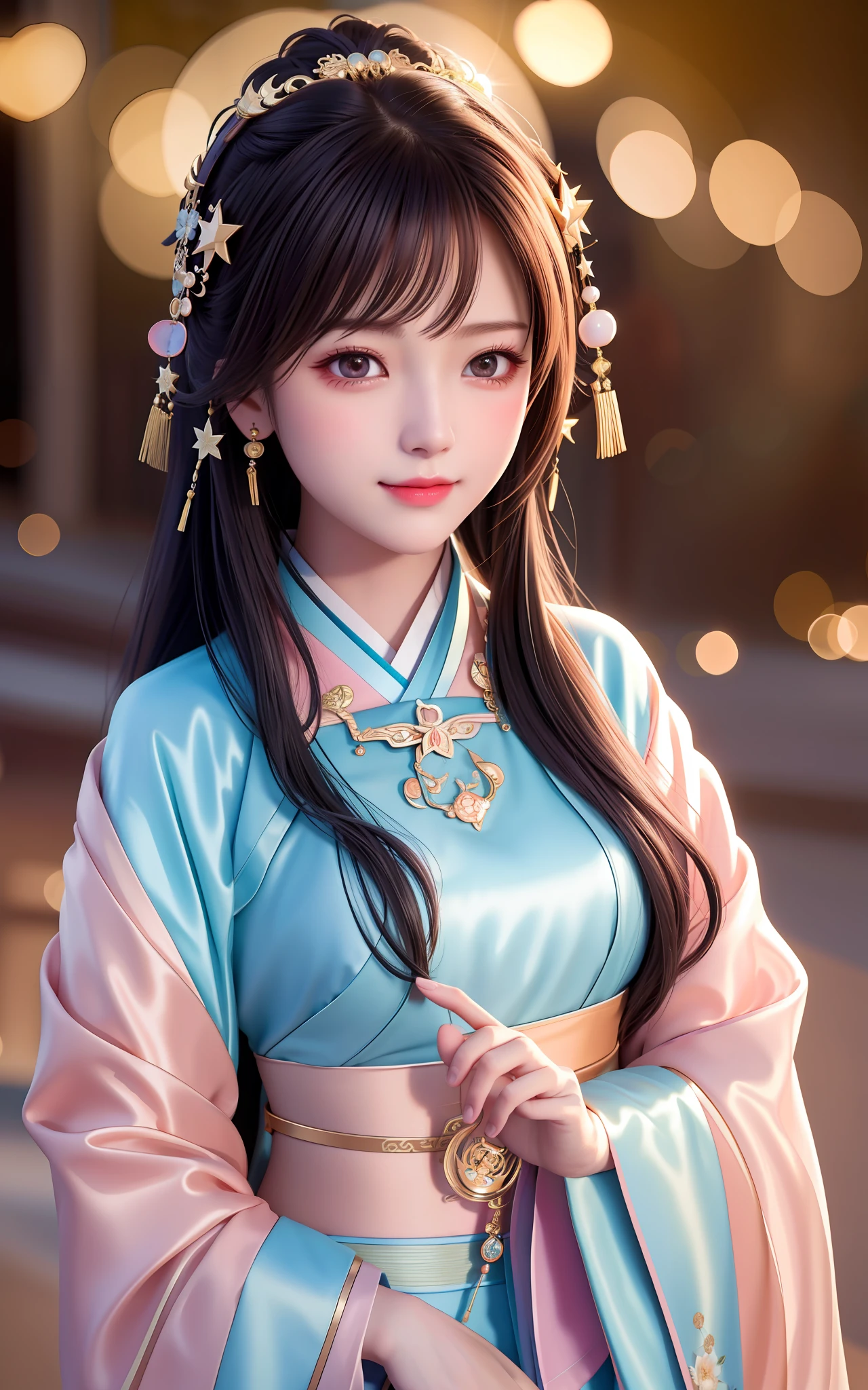 best quality, masterpiece, highres, 1girl,blush,(seductive smile:0.8),star-shaped pupils,china hanfu,hair ornament,necklace, jewelry,Beautiful face,upon_body, tyndall effect,photorealistic, dark studio, rim lighting, two tone lighting,(high detailed skin:1.2), 8k uhd, dslr, soft lighting, high quality, volumetric lighting, candid, Photograph, high resolution, 4k, 8k, Bokeh