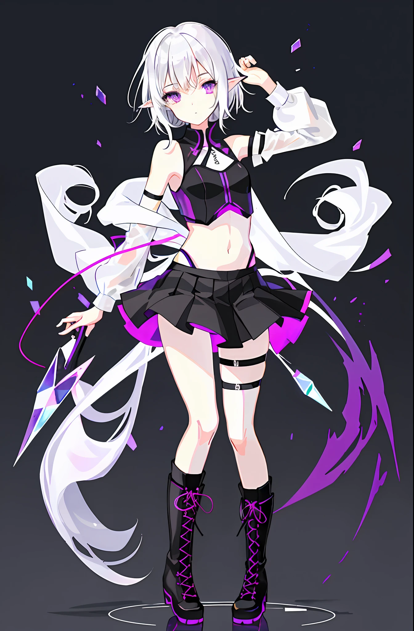 1 girl, white hair, purple eyes, all black, short hair, tactical vest, cute face, solo, loli face, solo, Illustrations, loli face, pleated skirt, {{{full body}}}}, black boots, small and medium breasts, dynamic pose, dynamic mirrors, lace-up panties, cute girl, black silk, {{{tachi-e}}}, original, sexy, erotic clothing, simple background,{{{slim}}}, purple, tachie, black boot, full body, Belly button, short top, slim, (translucent skin), abyss eyes, perfect body, full body, (crystal ears), black boots, anime style