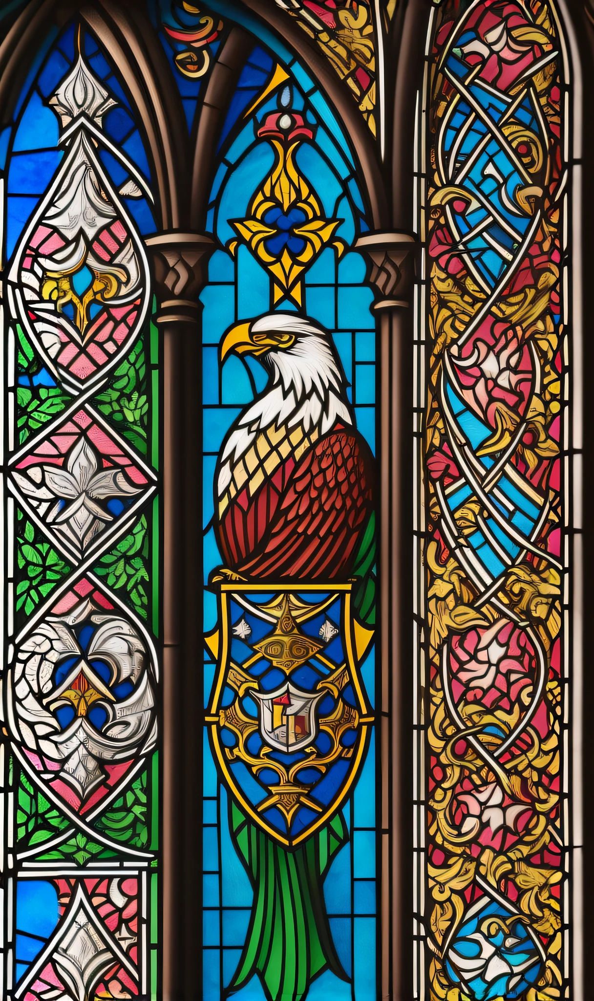 a close up of a stained glass window with a bird on it, intricate stained glass, stained glass art, stained glass, intricate stained glass triptych, stained glass background, stained glass style, with an eagle emblem, stained glass windows, backlit stained glass, high resolution and detail, masterpiece stained glass, fire stainglass, high level of detail