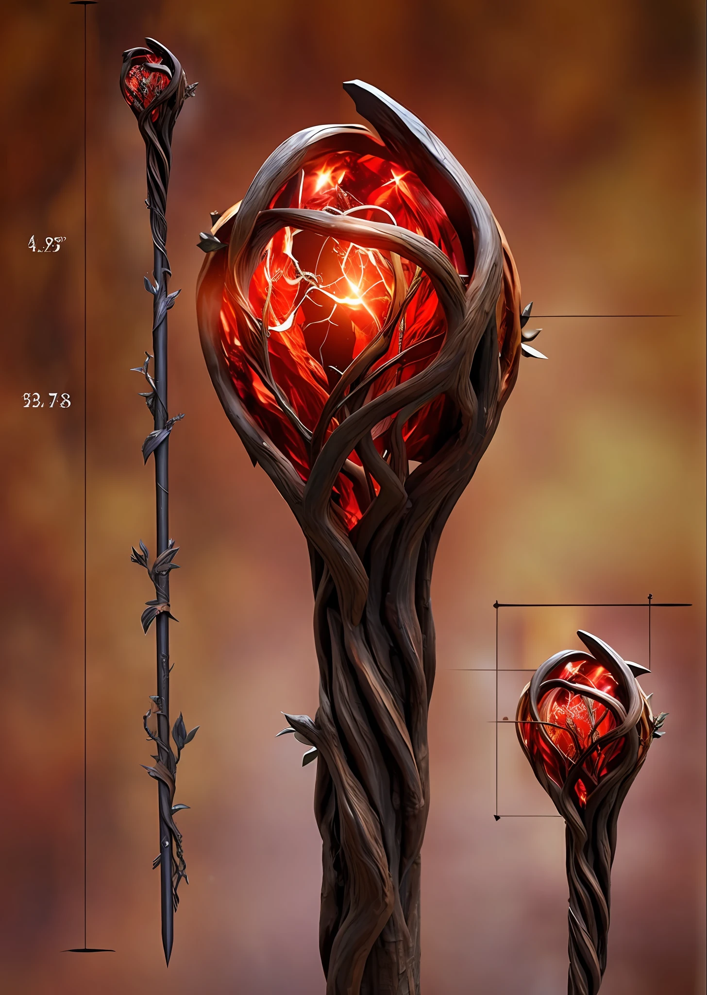 a magic scepter, wooden scepter, wood roots, at the tip a human heart, real human heart, shiny heart wrapped in roots, magic staff, detailed, high quality, realistic, detailed texture