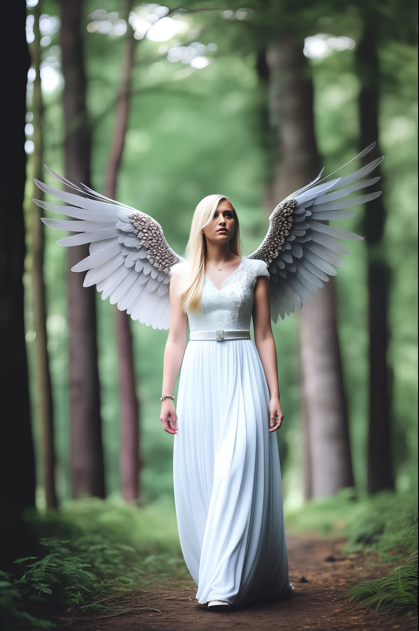 1girl, angel, stormy, cinematic, (portrait), face, shortening, angel_wings, armor, blonde_hair, white_wings, breasts, neckline, angel_girl, feathered_wings, feathers, full_body, high_heels, halo, large_wings, long_hair, multiple_wings, soil, spread_wings, wings, depth_of_field, forest, nature, outdoors, snow, tree, realistic, photo_\(medium\), photorealistic, (ultra-detailed: 1.2), ((high ornate light armor)), detailed light, HDR, praying, ((praying on your knees)), altar