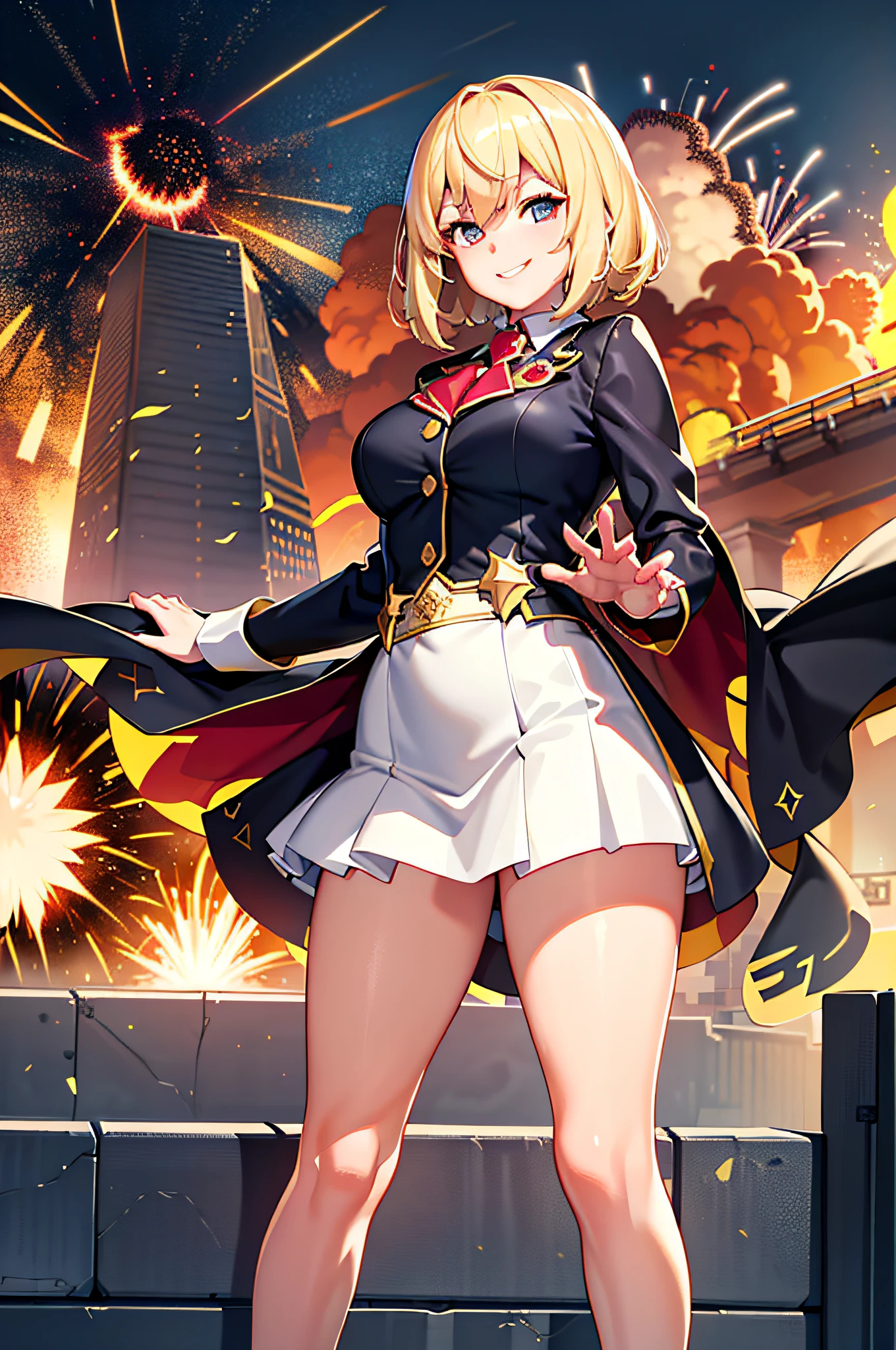 masterpiece, exquisite, high-resolution, one woman, blonde, short-haired, cute face, good style, high school girl, city, tokyo, (((super explosion)), explosion, smile, smile, detailed hands, detailed legs, angle from a distance 16k,