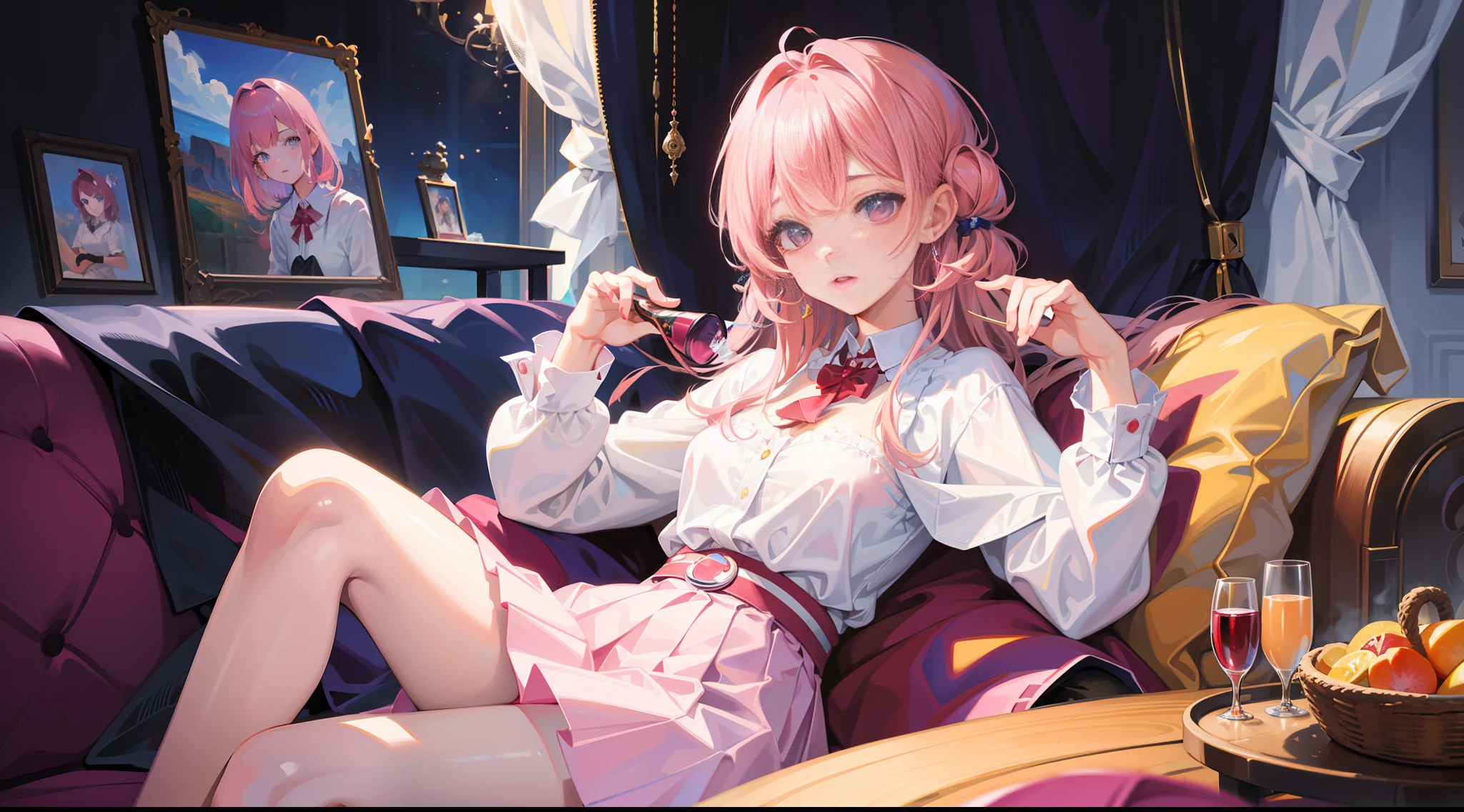 masterpiece, best quality, super detailed, illustration, (1girl), beautiful detailed eyes, looking at the audience, close up, pink hair, shyness, white shirt, pink skirt, water spirit eyes, room, sofa, red wine