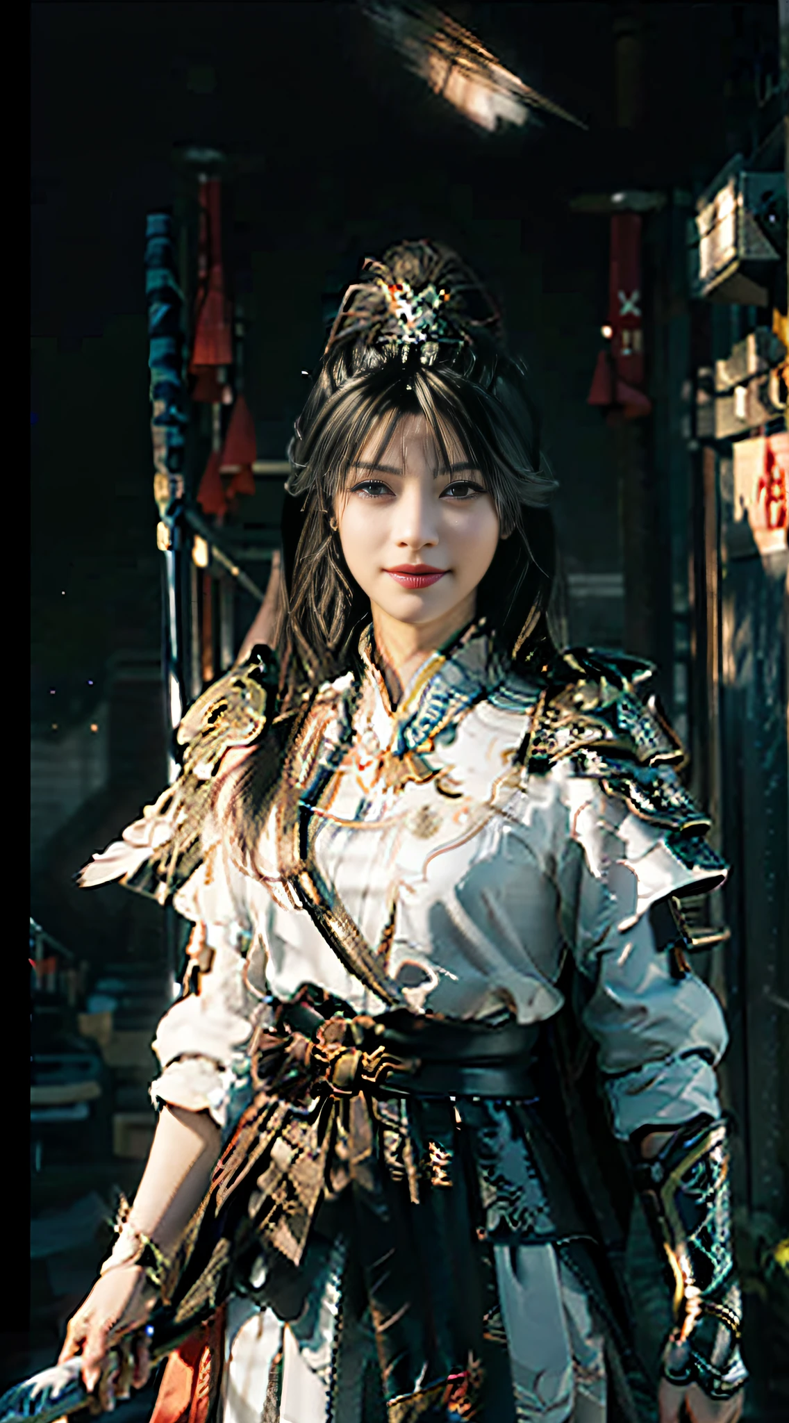 (RAW Photo, Best Quality), (Realistic, Photorealistic True: 1.3), Best Quality, Highly Detailed, Masterpiece, Hyperdetail, Illustration, 1 Girl, Big Eyes, Smile, Black Hair, White Armor, Feather Headdress, Wielding a Sword, upper_body, Dynamic Angle, World Mastery Theater, Flying Long Hair, Fluores cent white, White Feather Falling Background, Best Quality, Extremely detailed CG unified 8k wallpapers, ink, amazing, movie lights, lens_flare, wuxia_style