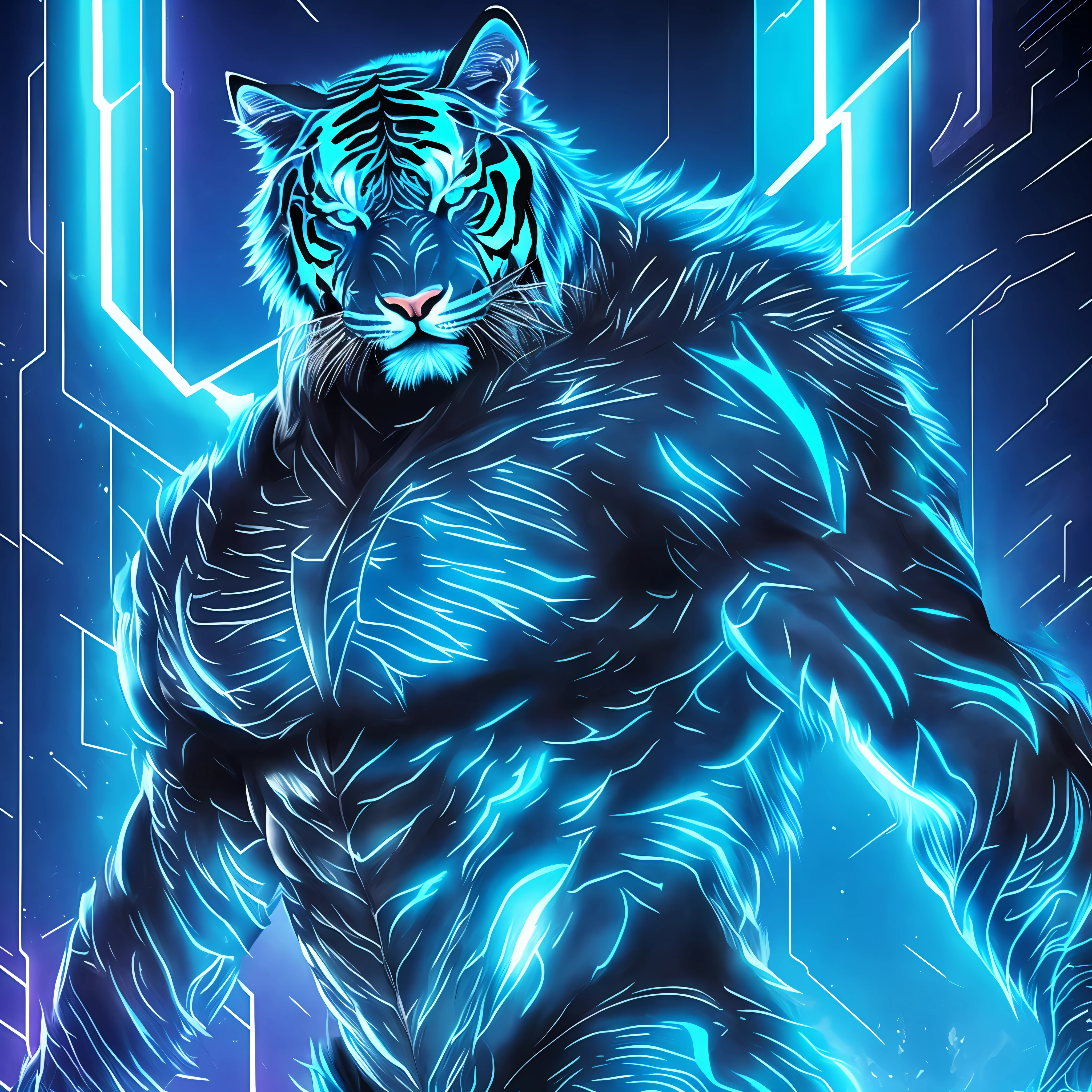 Photograph of a blue tiger with muscular, defined, hybrid human body. Fur in blue, neon cyberpunk setting.