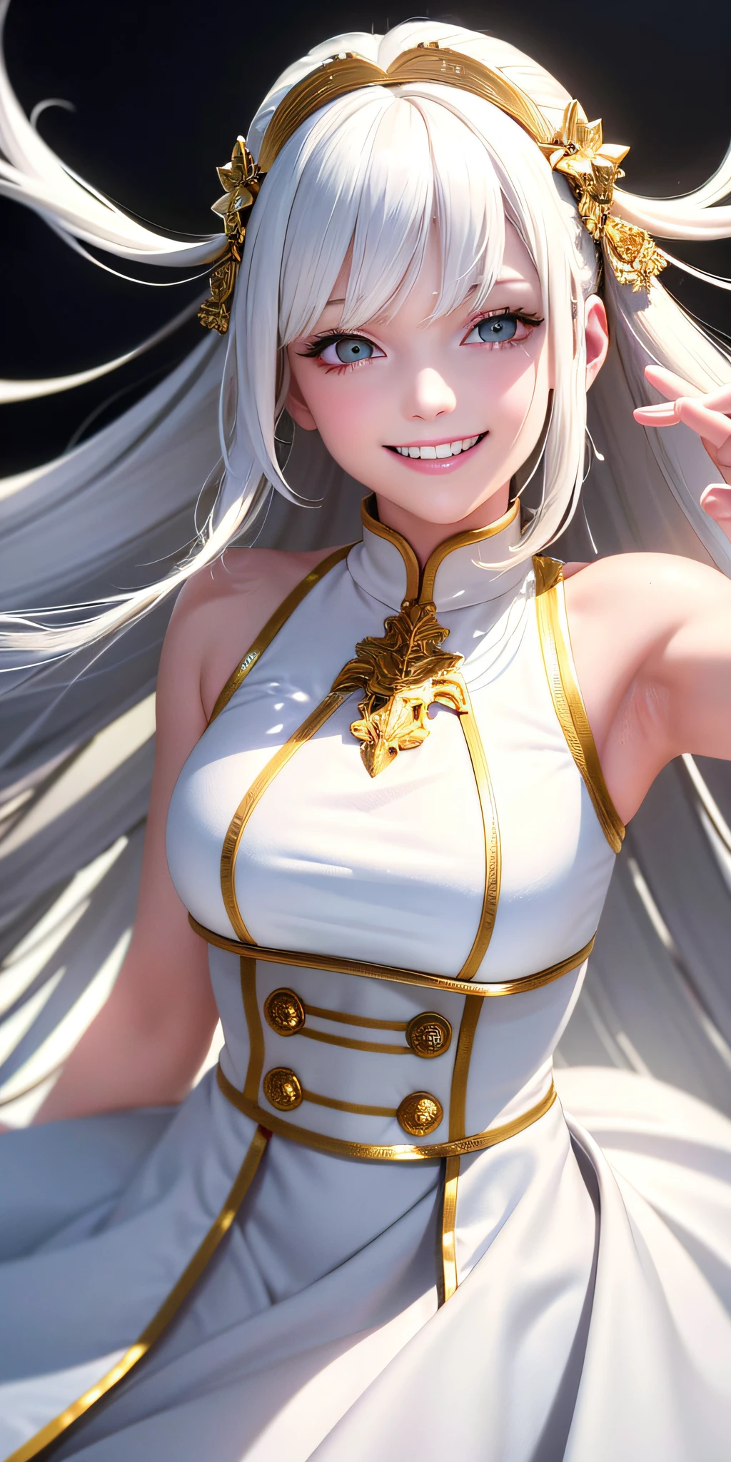 best quality, masterpiece, white hair, golden eyes, (((BIG SMILE)))), white clothes, looking up, upper body, lock of hair, fair skin, side braids