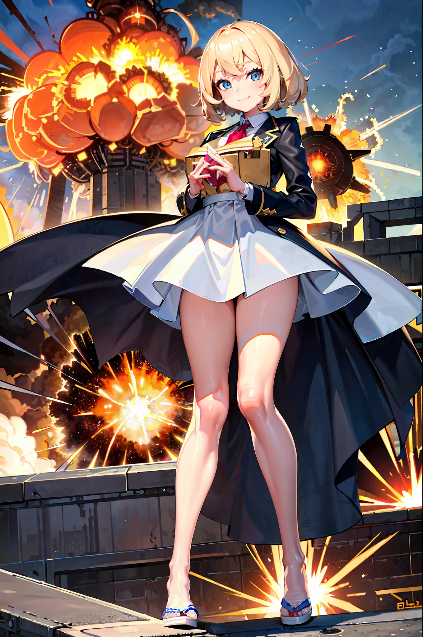 masterpiece, exquisite, high-resolution, one woman, blonde, short-haired, cute face, good style, high school girl, city, tokyo, (((super explosion)), explosion, smile, smile, detailed hands, detailed legs, angle from a distance 16k,