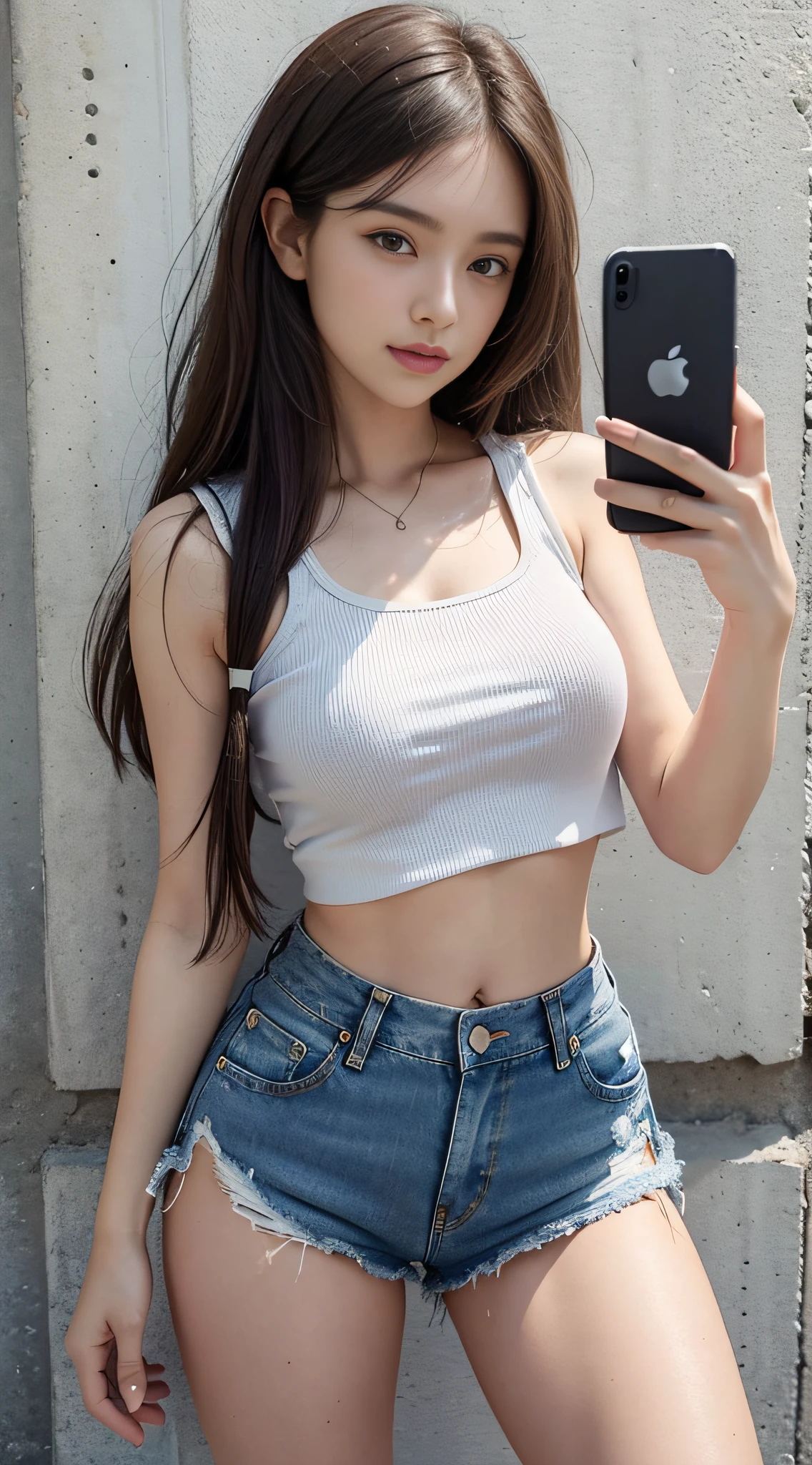1 girl, solo, phone, shorts, cell phone, long hair, denim, brunet, iphone, midriff, navel, selfie, denim shorts, shorts, holding the phone, torn clothes, truncated, reality, holding, brown eyes, white shirt, crop top shirt, looking at the audience, shallow smile, real photo, HD texture,