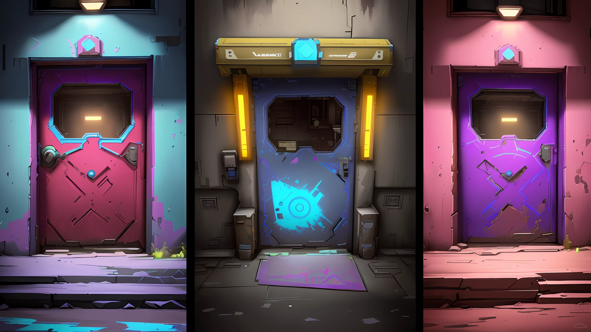 three different colored doors are shown in a row on the steps, doors that are cosmic portals, 3 doors, portals, portal 3, doorways, doors, borderlands style, style of borderlands, borderlands 3 style, no textures, dev textures, from the borderlands series, doors to various living quarters, overwatch building, simin stalenhag, lock