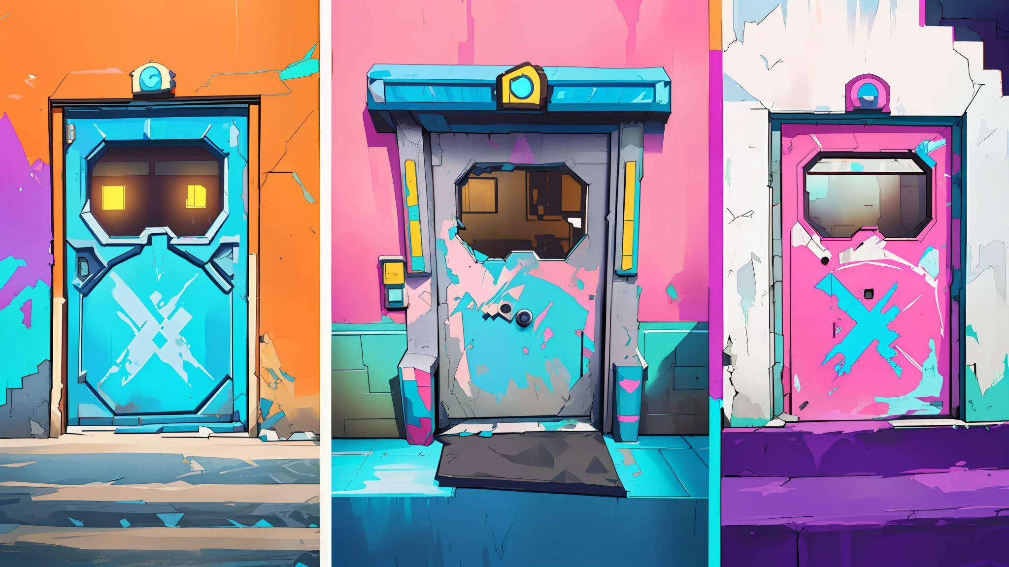 three different colored doors are shown in a row on the steps, doors that are cosmic portals, 3 doors, portals, portal 3, doorways, doors, borderlands style, style of borderlands, borderlands 3 style, no textures, doors to various living quarters, from the borderlands series, dev textures, simin stalenhag, overwatch building, painted texture maps