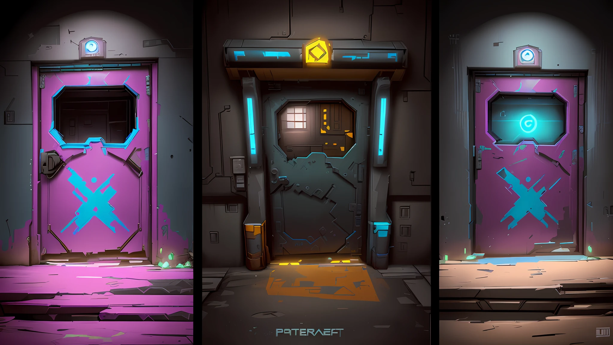 three different colored doors are shown in a row on the steps, doors that are cosmic portals, 3 doors, portals, portal 3, doorways, doors, borderlands style, style of borderlands, borderlands 3 style, no textures, dev textures, from the borderlands series, doors to various living quarters, overwatch building, simin stalenhag, lock