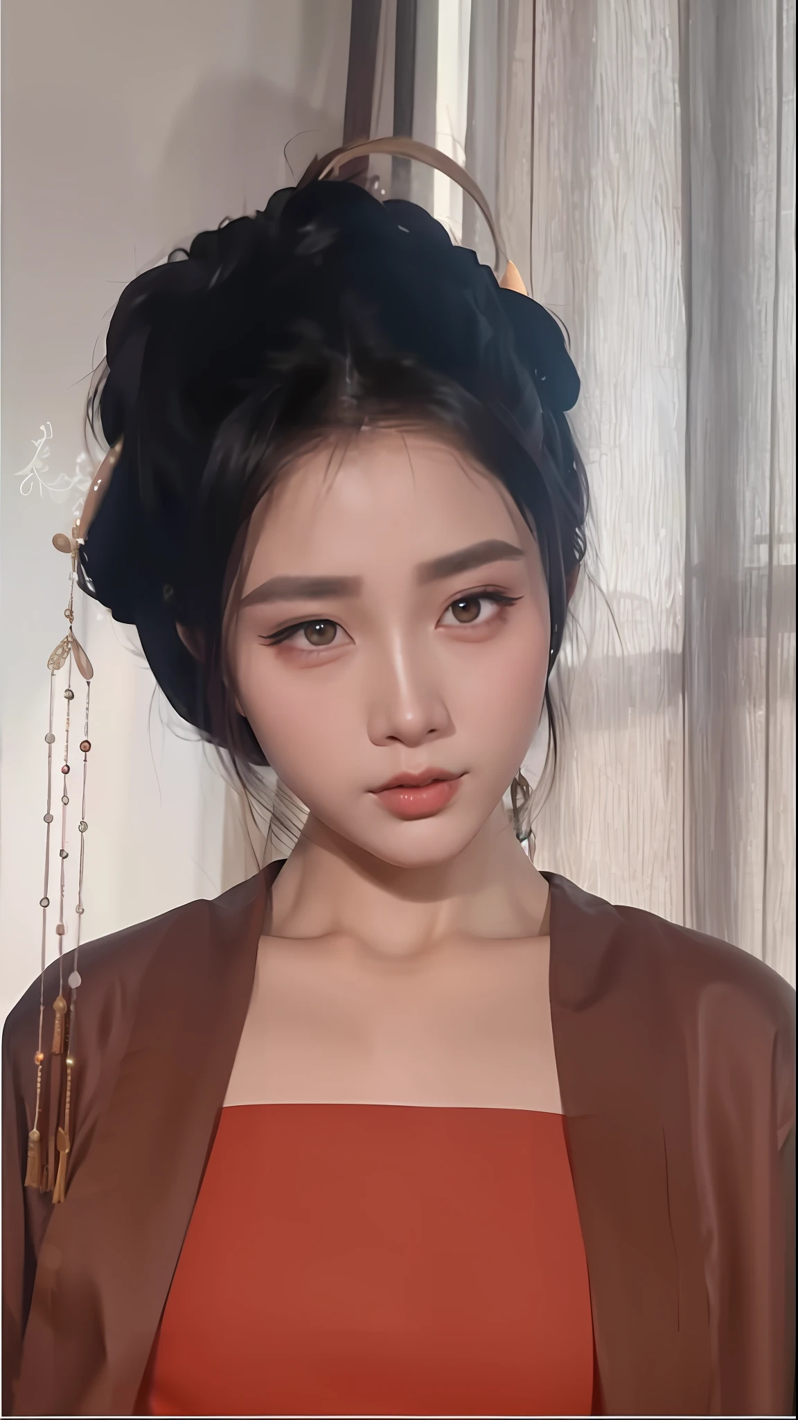 a close up of a woman with a red dress and a brown jacket, artwork in the style of guweiz, guweiz, realistic. cheng yi, inspired by Qiu Ying, inspired by Gu An, inspired by Lan Ying, inspired by Tang Yifen, inspired by Wang Meng, south east asian with round face, beautiful render of tang dynasty