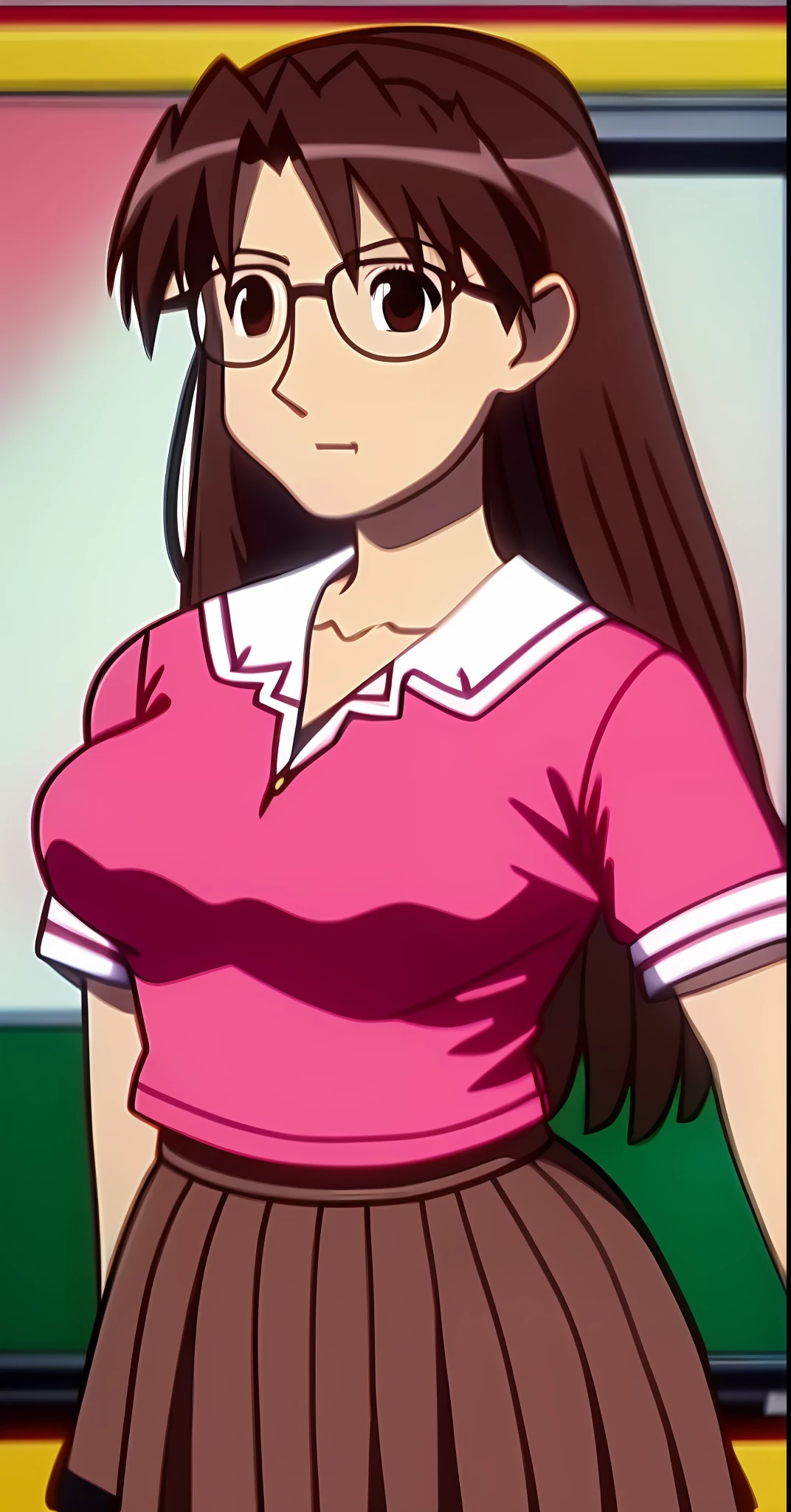 Koyomi Mizuhara, long brunette hair, glasses eyes,  ears, nose, mouth, Big breasts, medium ass, pink red school sailor top, and brown skirt, black stockings, brown slack shoes, white underwear, white bra strap underneath, train, chikan,