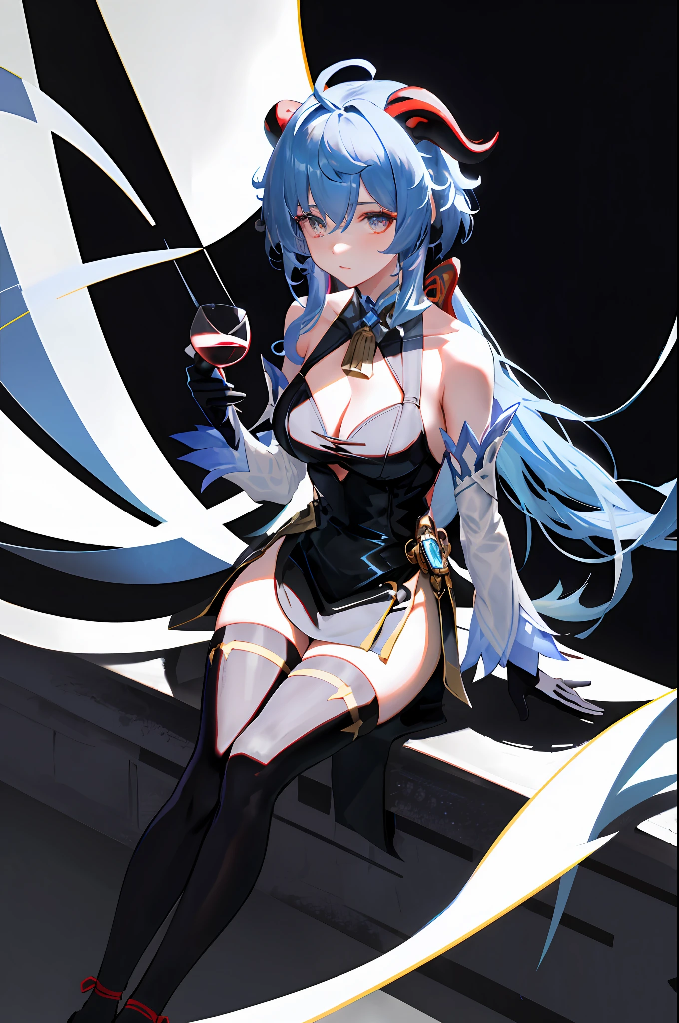 Ganyu, genshin impact, 1girl, alcohol, alternate costume, armlet, bare shoulders, ((black background)), ((black dress)), black gloves, black thighhighs, breasts, cleavage, criss-cross halter, cup, dress, drinking glass, flower, gloves, gradient background, hair between eyes, horn, halterneck, holding, holding cup, medium breasts, long hair, looking at viewer, blue hair, see-through gloves, solo, thighhighs, thighs, very long hair, wine, wine glass, ((masterpiece)) blue pelated skirt, sitting,