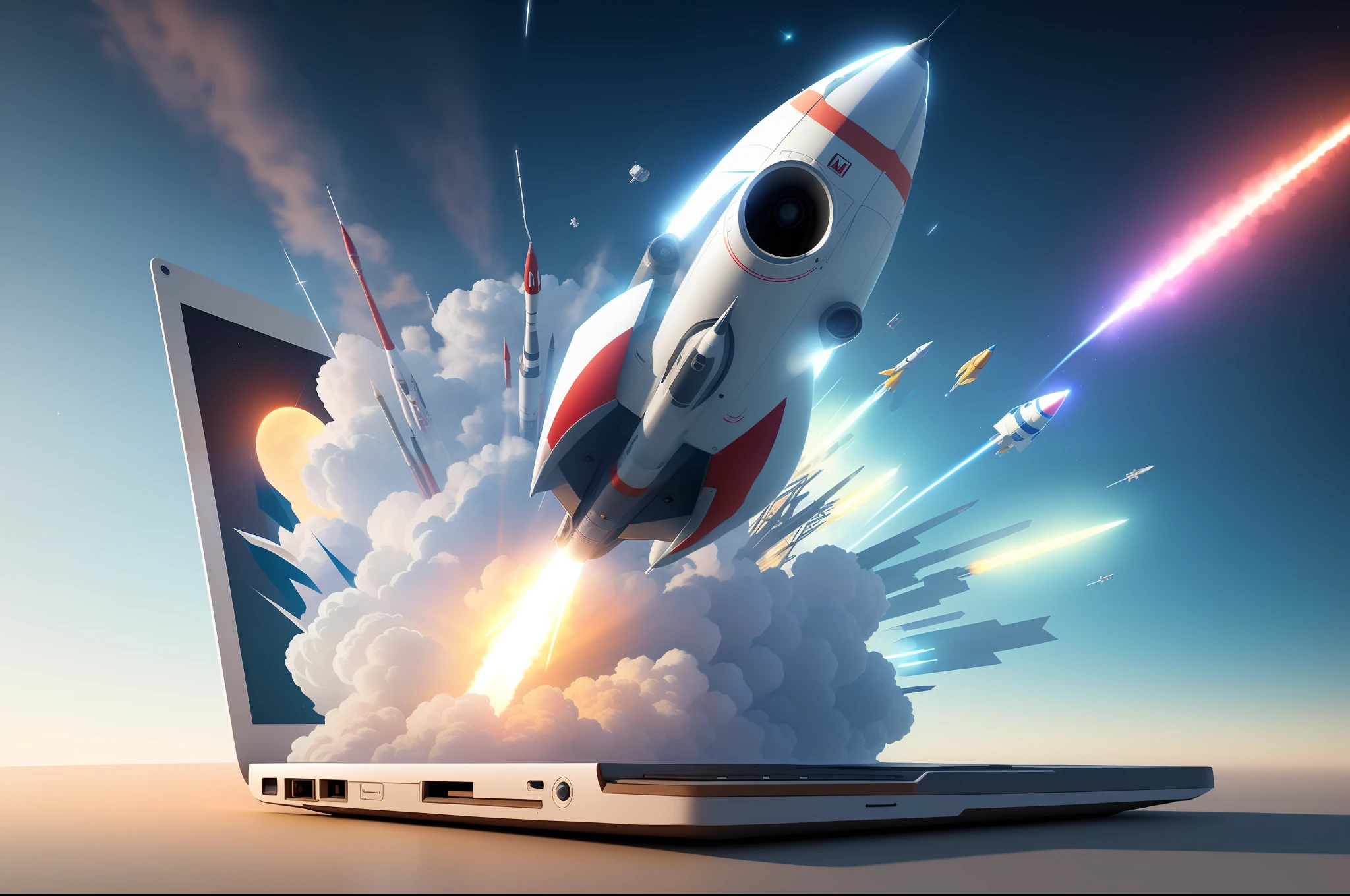 a close up of a laptop with a rocket flying out of it, launch of a rocket, high - quality digital art, high-quality digital art, rocket launching into the sky, rocket launch, 3 d illutration, rocket launching, stylized 3 d graphics, launching to space, digital ilustration, awesome greate composition, high quality digital art, amazing graphics