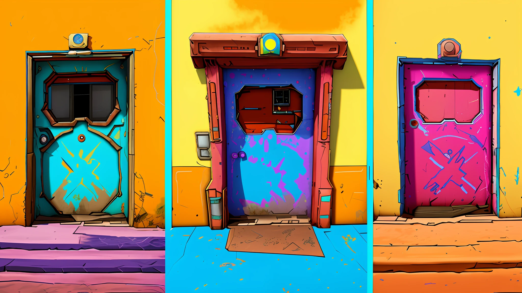 three different colored doors are shown in a row on the steps, doors that are cosmic portals, 3 doors, portals, portal 3, doorways, doors, borderlands style, style of borderlands, borderlands 3 style, no textures, from the borderlands series, doors to various living quarters, dev textures, overwatch building, simin stalenhag, painted texture maps