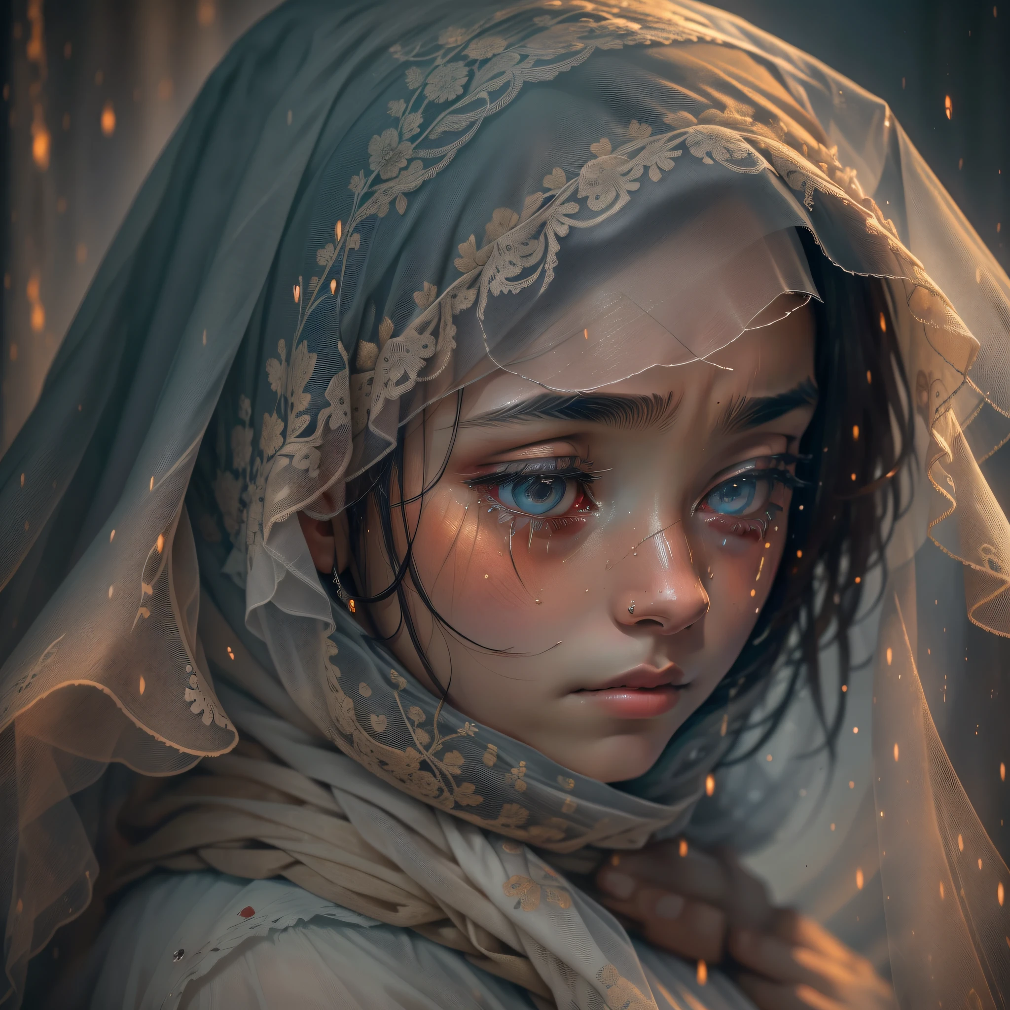 The image depicts a woman wrapped in a veil, whose face is marked by a deep sadness. His eyes, hidden under the veil, are filled with tears that run silently down his cheeks. The expression of sadness on his face is visible even through the veil, conveying a sense of anguish and emotional pain.
The veil that surrounds her seems to reflect her distress, as if it were a barrier separating her from the outside world. This woman carries with her a heavy burden, and her tears symbolize the sadness that overflows from her hurt heart.
The sad look in his eyes reveals a deep melancholy and a sense of loss or hopelessness. They seem to convey a story of suffering and infighting, revealing an intense vulnerability. It is as if she carries the weight of a painful past or an anguish that constantly accompanies her.
This image evokes a deep emotion and awakens in us a sense of empathy. It invites us to reflect on the pain that each person can carry with them, even when it is not explicit. It reminds us of the importance of showing compassion and offering support to those who are going through difficult times, even if their sad eyes are hidden by a veil.