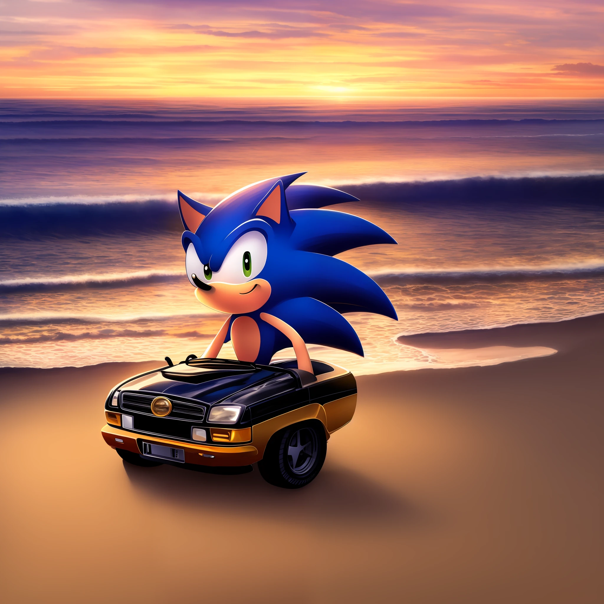 (best quality), (masterpiece), Sonic, 1boy, sunset, beach, driving a car