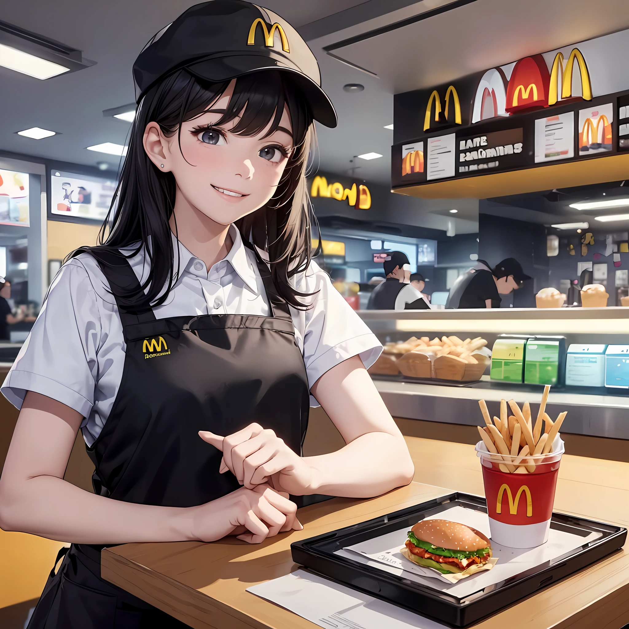 Top Quality, 8K, High Definition, 1 Girl, (Portrait: 0.6), (McDonald's uniform: 1.5), (Black cap: 1.5), Apron, Part-time job, Black Hair, (Counter Desk: 1.1), (Laugh: 1.5), (Viewers: 1.3), (Bokeh), 18 years old
