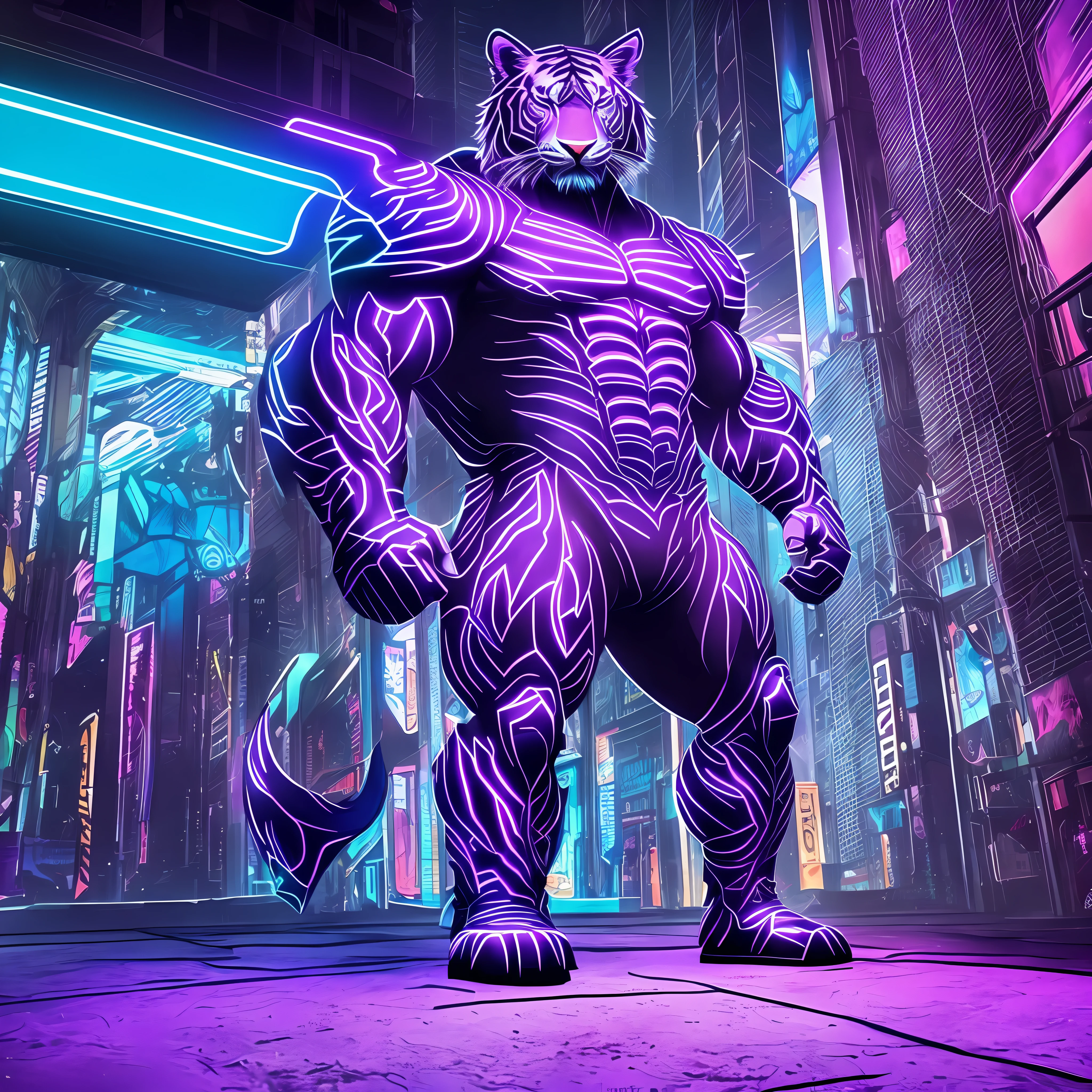 Photograph of a blue tiger with muscular body, standing, defined, hybrid. Neon blue and neon purple fur, neon cyberpunk setting. Body completely covered with hair
