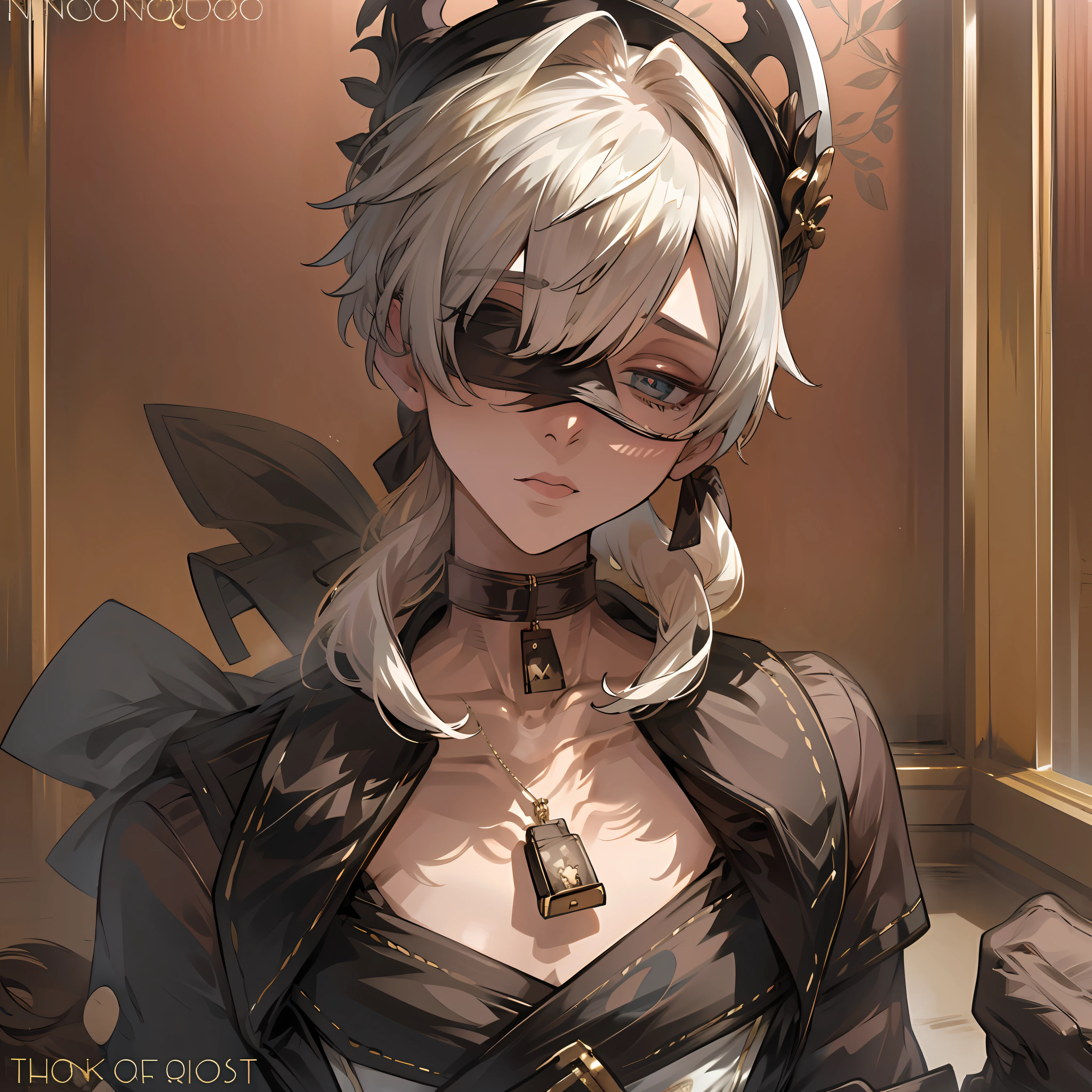 femboy, effeminate man, masterpiece, best quality, ultra-detailed, incredibly detailed, (an extremely delicate and beautiful), [:d etails face: 2], detailed cg 8k wallpaper, amazing, white hair, fan art, blindfold, black necklace with bell, cow underwear, tight fabric, erection in underwear, body turned, sparkling, bristly, room in the background,