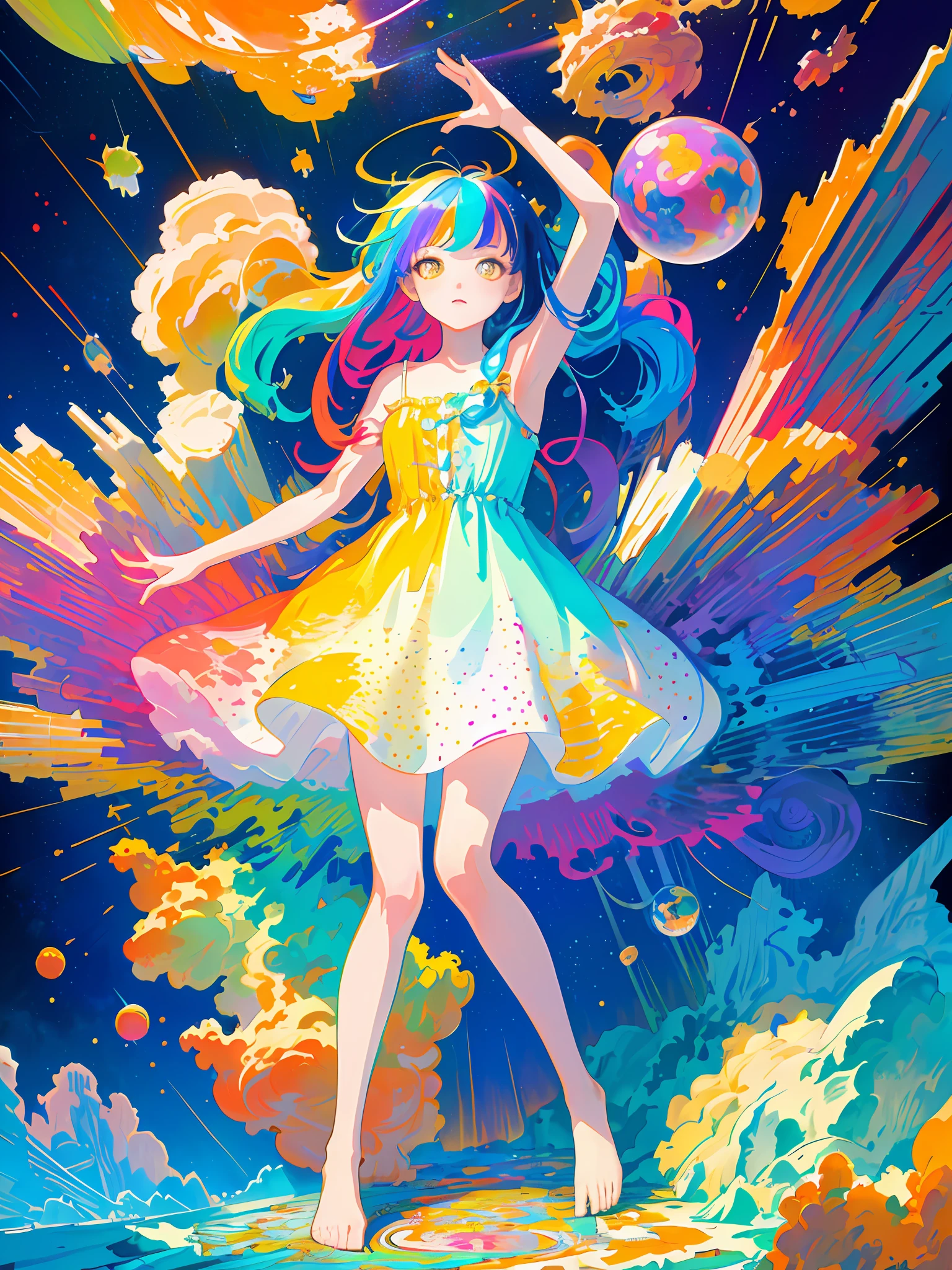 (masterpiece, best quality:1.2), (ultra detailed),(illustration), wallpaper, original,
1girl, messy (((colorful and dynamic  ))) hair, spaghetti strap, white dress, bare legs, bare feet, bare arms, space, Earth background, near-earth orbit, full body,
,(surrounded by colorful splashes and dot),colorful bubble,(shining)