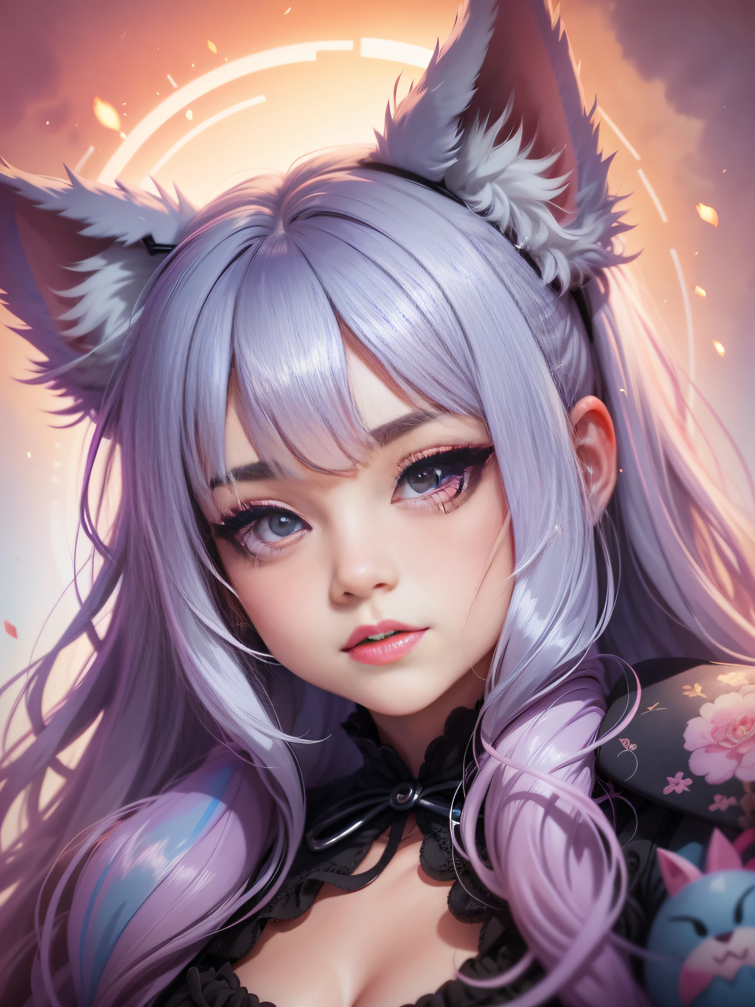 hair bobbles, wince, longeyelashes, solid circle eyes, fake animal ears, ear blush, fang, watercolor style, Surrealism, drop shadow, anaglyph, stereogram, tachi-e, pov, atmospheric perspective, 8k, super detail, ccurate, best quality, UHD, masterpiece, high details, high quality, highres