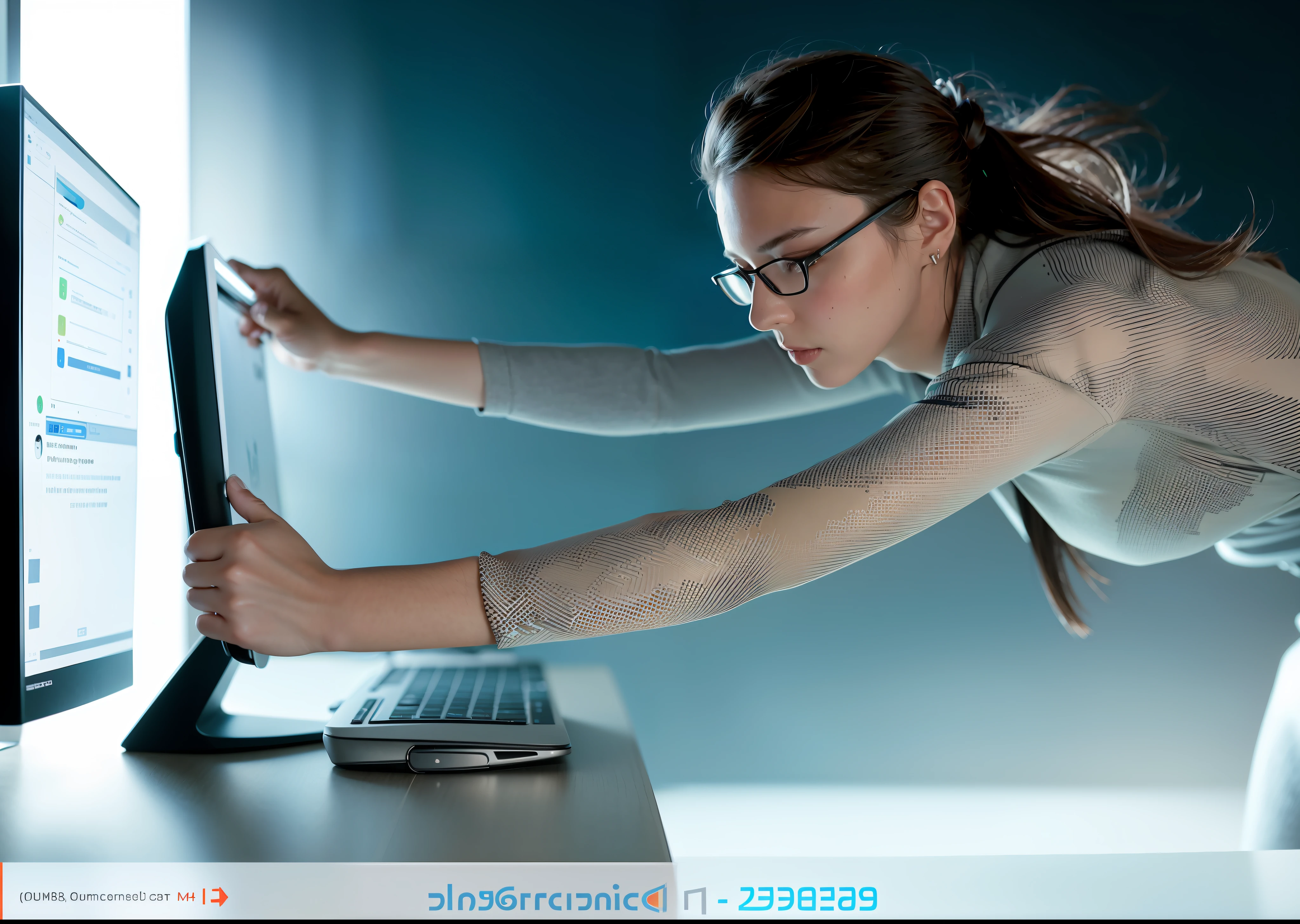 a woman in glasses is leaning over a computer keyboard, in front of a computer, looking at monitor, sitting in front of computer, sitting at a computer, sitting at a computer desk, crazy hacker girl, in front of the internet, in an action pose, computer nerd, sitting at desk at keyboard, confident action pose, dynamic action shot