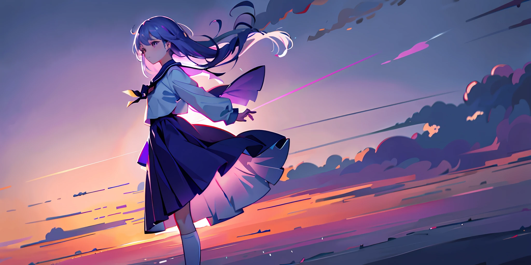 Purple sky and white clouds Strong color difference Soft light 1girl floating in the air Beautiful and moving face Petite school uniform Full body Dusk