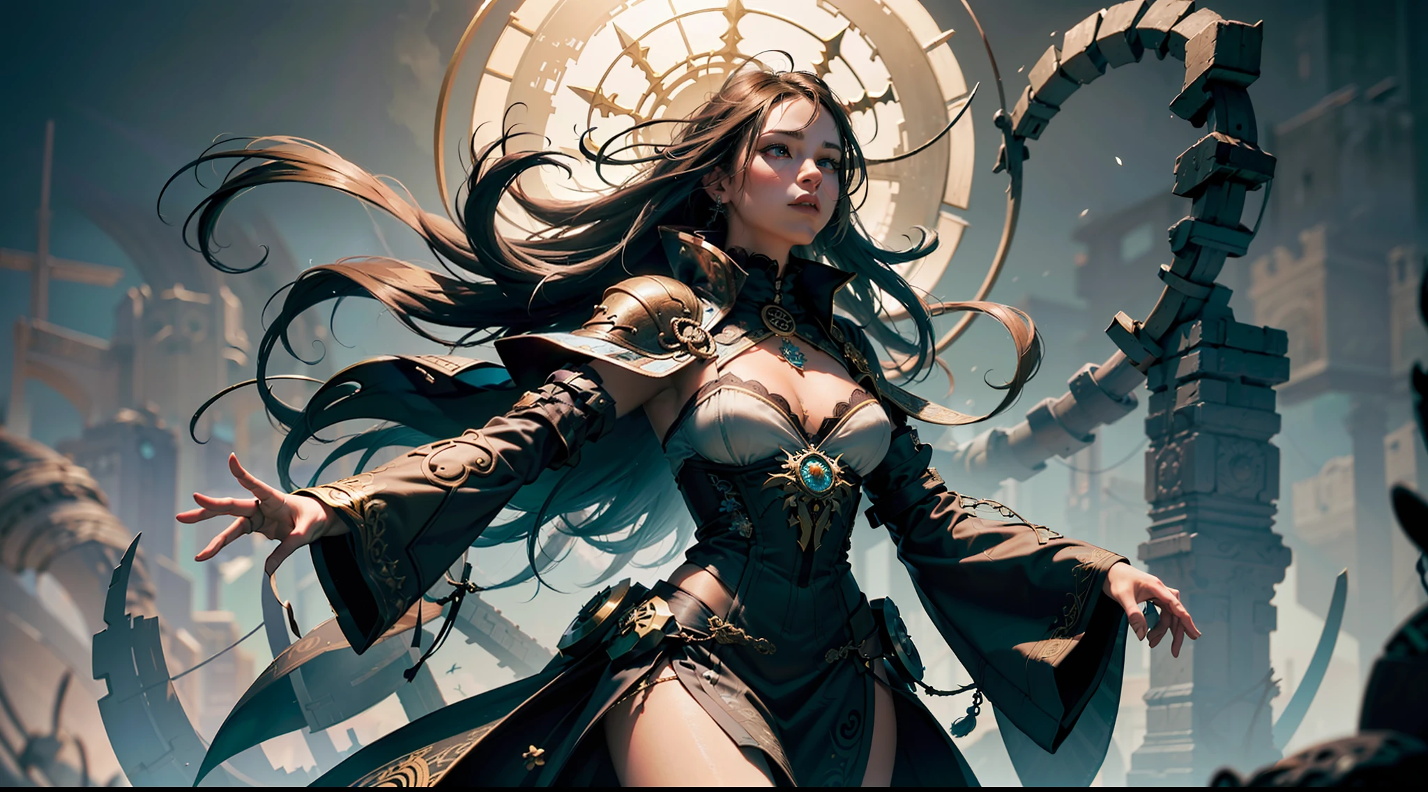 ((best quality)), ((masterpiece:1.2)), (extremely detailed:1.1), (8k, high quality, cinematic, hyper realistic, illustration), (autodesk maya, octane render, unreal engine, game character, ray tracing, hdr), (35mm focal length, f/2 aperture, dynamic perspective, depth of field),(1girl, dynamic angle), the most beautiful form of chaos, a brutalist designed, vivid colours, (zentangle, mandala, tangle, entangle), (fractal art), silk web, 3d, realistic, CG, 3D model, beautiful, elegant, confident, (hdri, bloom, rim lighting, soft lighting, low key), delicate\(armor\) wizard robe