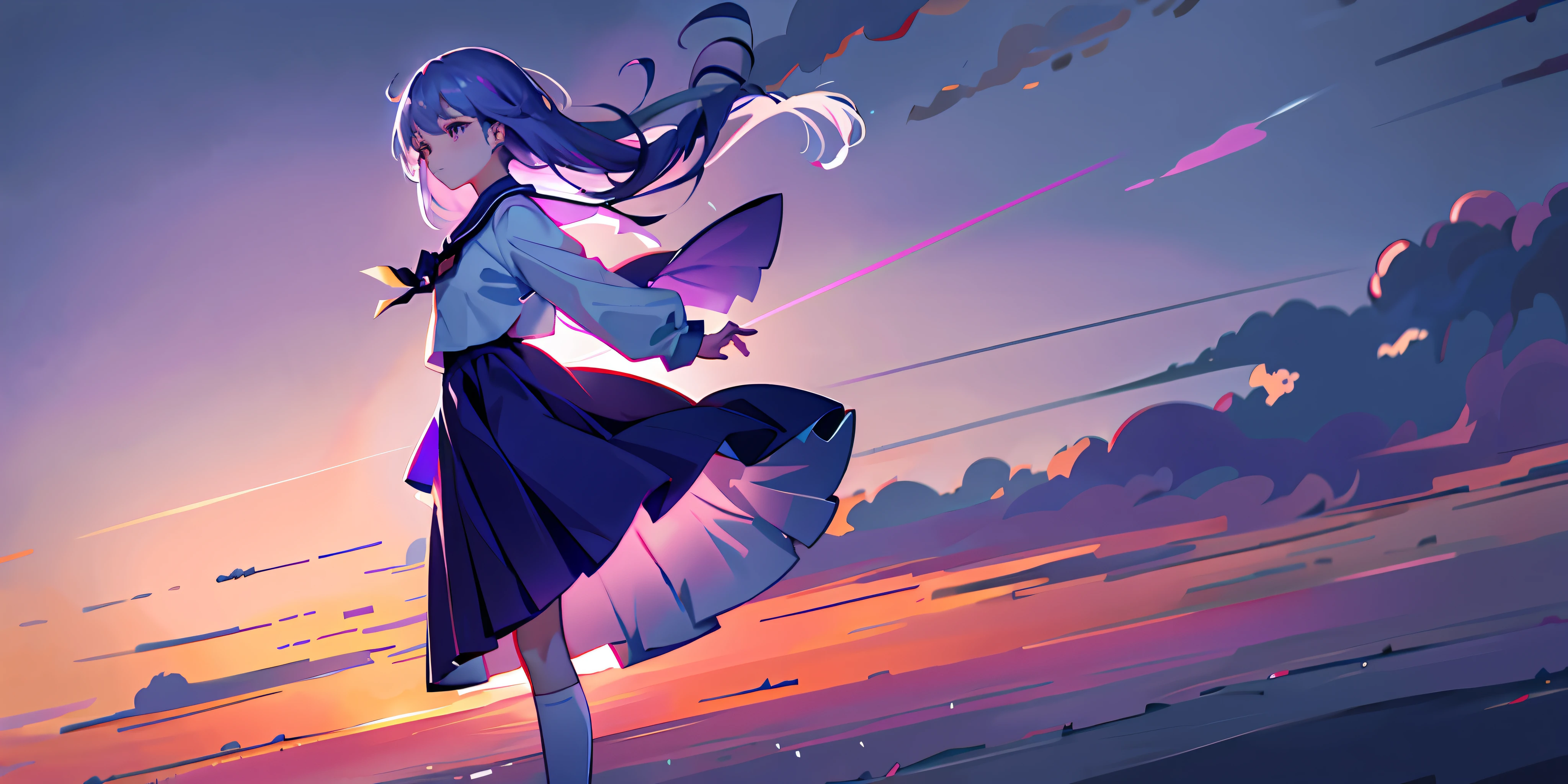 Purple sky and white clouds Strong color difference Soft light 1girl floating in the air Beautiful and moving face Petite school uniform Full body Dusk