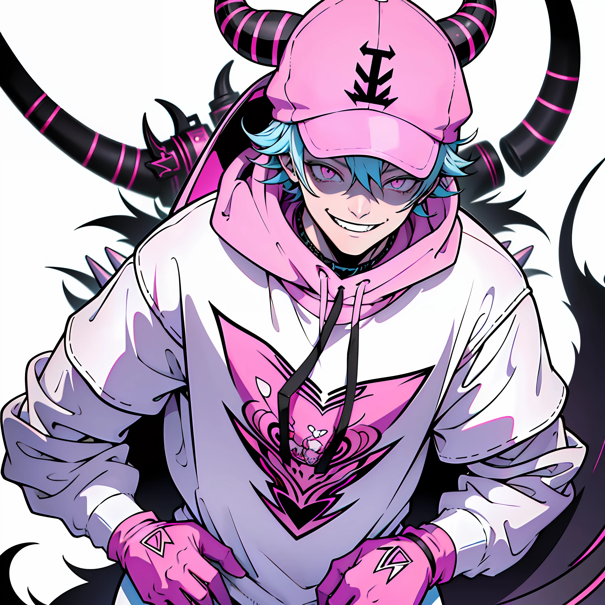 (masterpiece, top quality, best quality) man with a pink sweatshirt pink hat with white horns, pink iconic character, [[[Grinning evily]]]], Weirdcore voidpunk fursona, Unknown Artstyle, Bladee from Drain Gang, darksynth character portrait, crazy smile, ((Zerator)), nefarious smile
