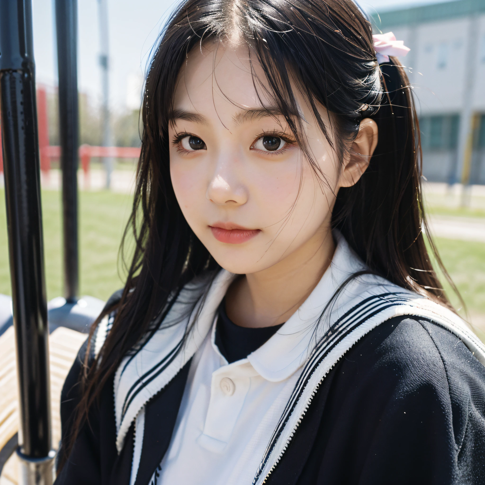 Best quality, masterpiece, super high resolution, (realistic: 1.4), original photo, head photo, skin, simple background, black eyes, detail, selfie, 1 girl, school uniform, on the playground side, looking at the audience,