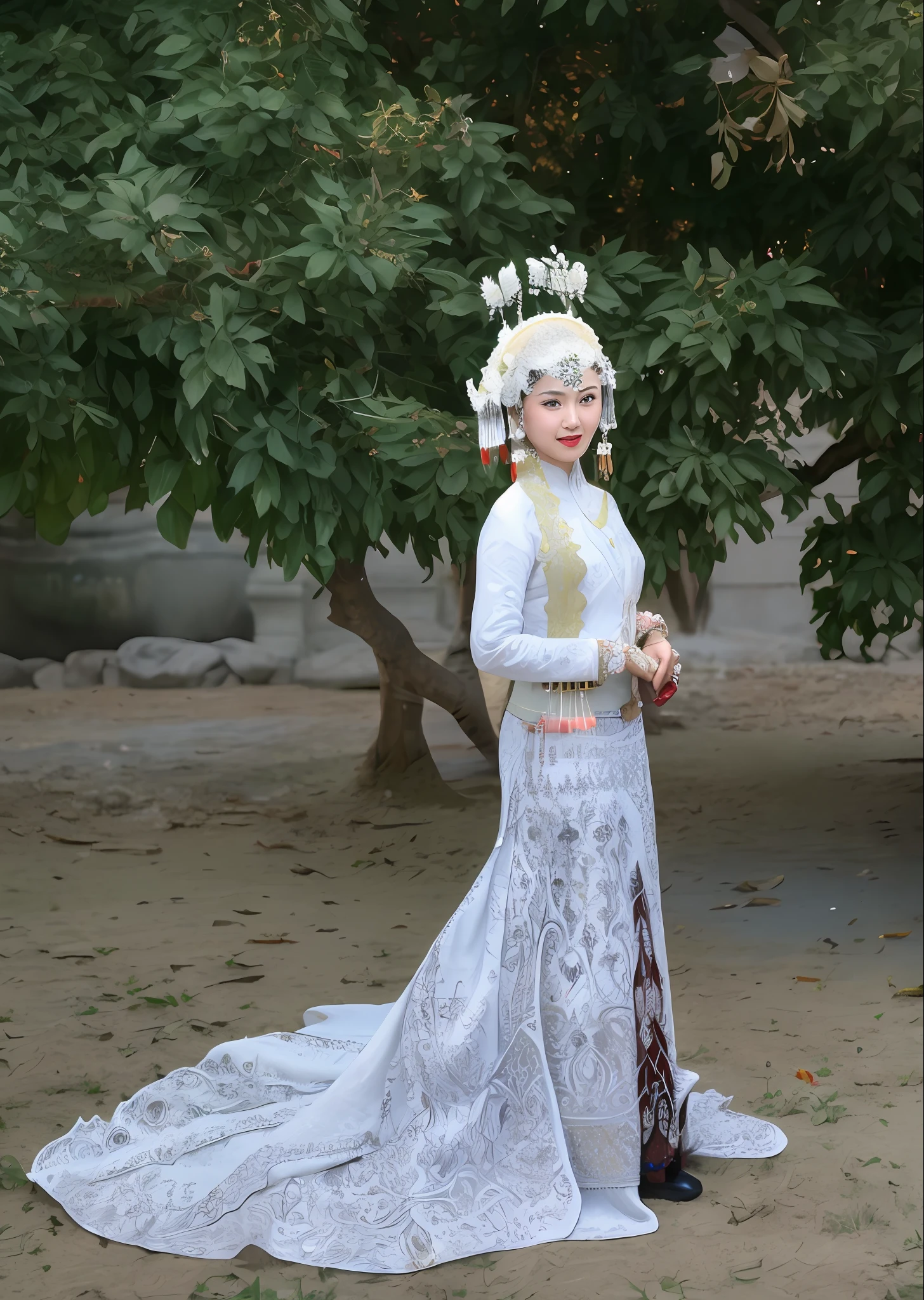 there is a woman in a white dress and a hat posing for a picture, traditional dress, traditional beauty, wearing ornate clothing, ornate attire, traditional clothes, traditional costume, traditional clothing, inspired by Tang Di, ao dai, by Basuki Abdullah, wearing traditional garb, traditional, wearing an ornate outfit, ancient white dress, wearing authentic attire, dressed in ornate