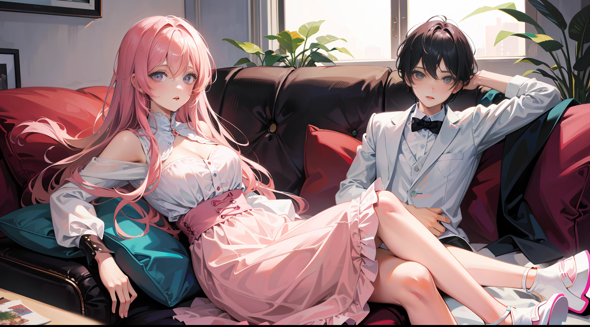 Masterpiece, best quality, super detailed, illustration, beautiful detailed eyes, looking at the viewer, close up, a girl and a boy on the sofa, girl pink hair white dress, boy black hair suit