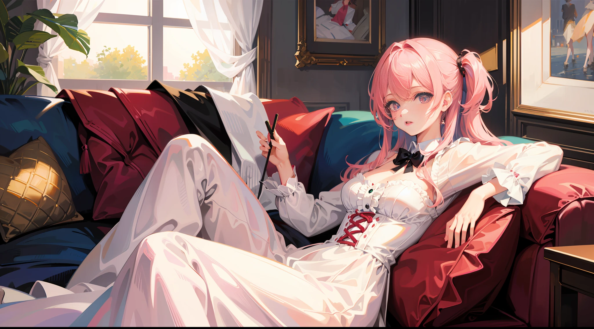 Masterpiece, best quality, super detailed, illustration, beautiful detailed eyes, looking at the viewer, close up, a girl and a boy on the sofa, girl pink hair white dress, boy black hair suit