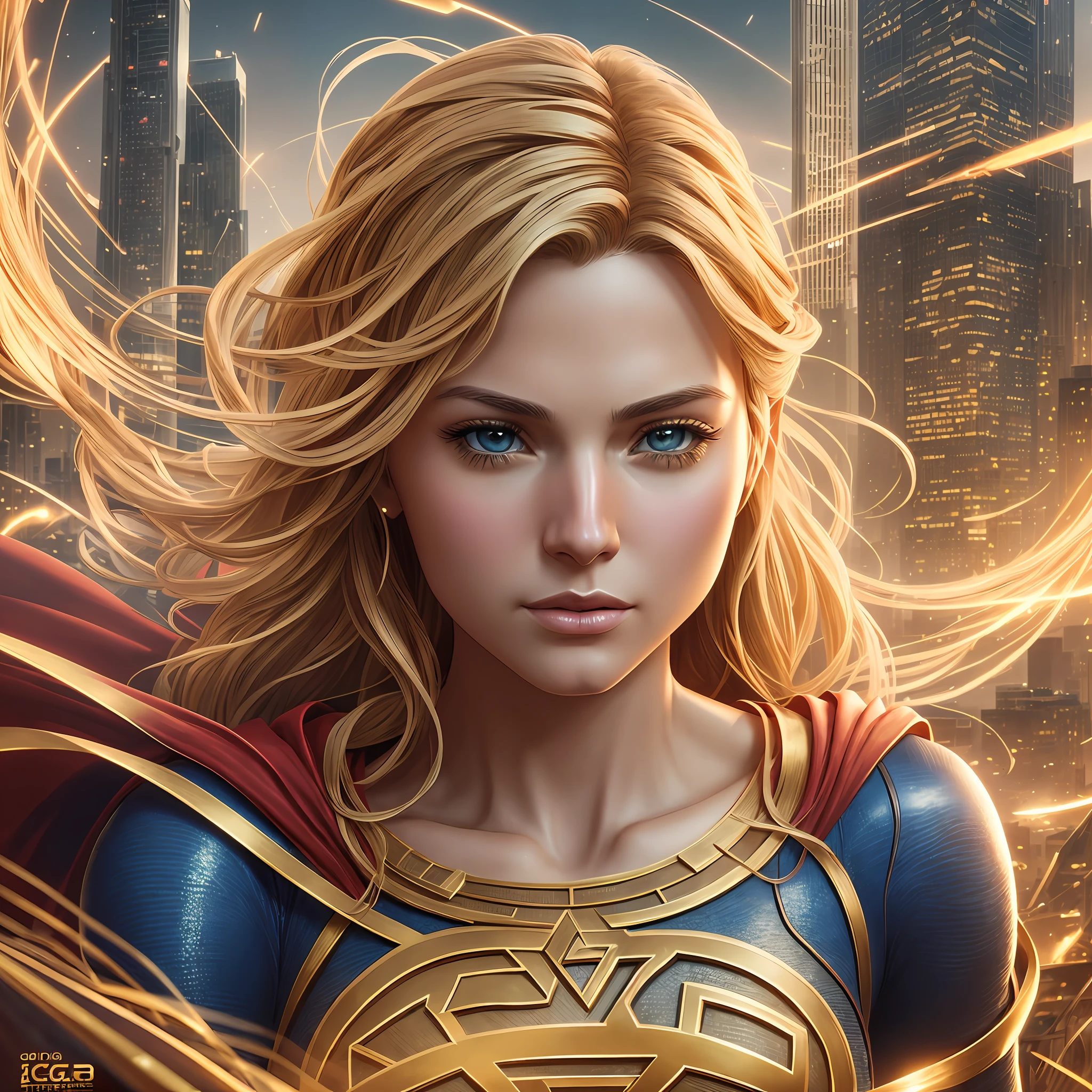 Supergirl, above the city, preparing for battle, detailed artistic photography, beautiful detailed face, dreamy, glowing, backlit, glamour, glow, shadows, oil on canvas, brush strokes, soft, ultra high definition, 8k, unreal engine 5, ultra focus sharp, artgerm, loish, sf, intricate art masterpiece, menacing, matte paint movie poster, golden ratio, trends in cgsociety, intricate, epic, highly detailed, vibrant, production cinematic character rendering, quality model ultra high --auto --s2